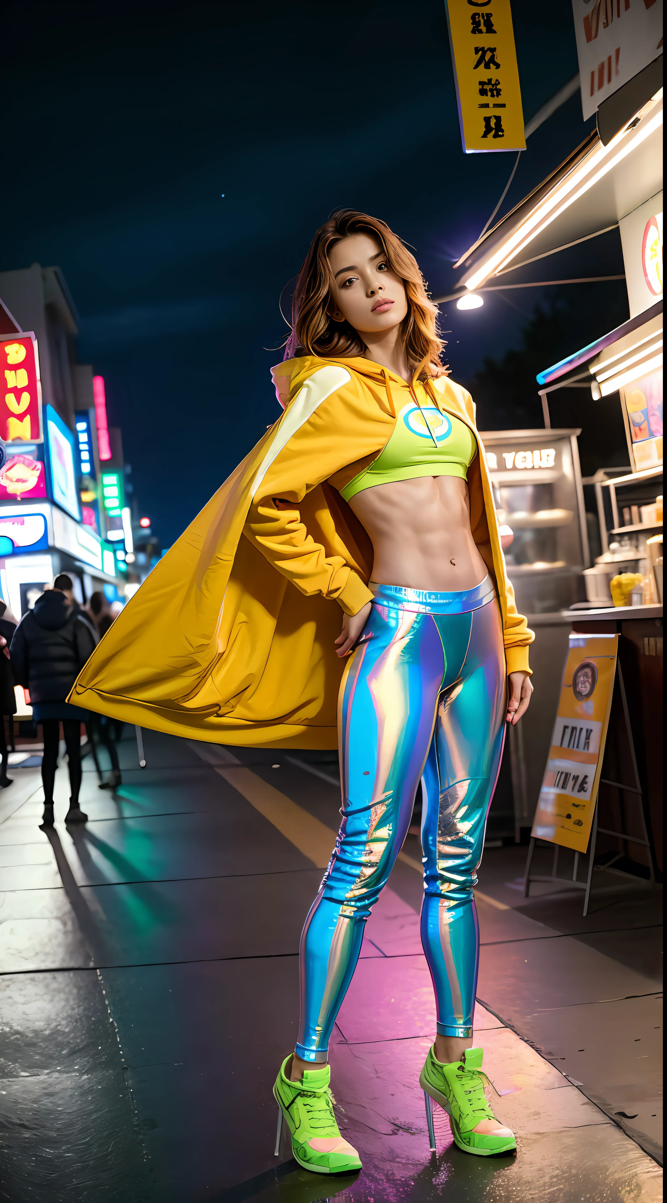 (Mikayla Demeiter) Hyper realistic super detailed sexy 30-year-old full-length woman (with large breasts), cup size E, trending on cgstation, (in a holographic tracksuit, cropped hoodie, leggins, micro skirt, fits the body, fits the chest, You can see the , No underpants, No bra, holographic high-heeled shoes), a confident girl, The photo was taken from the front, from the top corner, facing the photographer, Foreground photo , (Looking Ahead), NSFW, (frontal view, facing the photographer, (the pose, stands on the street near the noodle stall, neon signage, the night, The light of the moon, big city, The square in front of the fountain)), ( Coiling hair),  Very detailed, sexy facial expressions, facial expressions, facial expressions, seductive facial expressions, [:(face detail: 1.4): 0.4], 16K resolution, 4k resolution, dinamic lighting, high-definition resolution, BDSM, (sexy pose, seductive position, seductive position), (elongated chest,: 1.7), (slimness: 1.2), (Narrow waist: 1.6), (Slim legs: 1.4), (hyper realisitc: 1.4), (back light: 1.2), (Sunlight: 1), (full height: 1.8), (pectoral muscles: 1.3), (contrasting background: 1.5), (Hyper-Realistic Arm Anatomy), (Hyper-Realistic Leg Anatomy), (Clean skin), (Veins Not Visible: 1.5), (Cinematic lighting: 1.7), (Intimate), (NVIDIA RTX Ray Tracing Technology), (Hyper-Realistic Arm Anatomy: 2), (Perfect flat stomach), (Color Image), 8mm Film Grain, Shot on Sony A9 II, 24mm Lens, f/1.8 Aperture, Deep Focus (10-bit RAW), (They stand: 1.5), The file weighs a lot