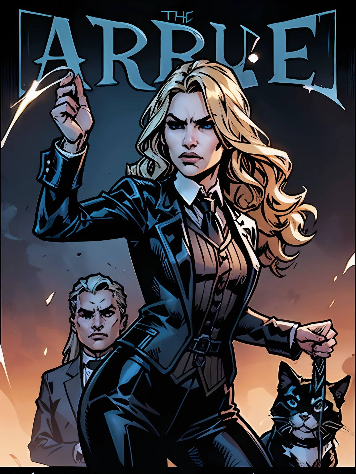 The woman, round face, light blue eyes, blonde hair, Wavy Hair, Long hair, black necktie, black jacket, black catsuit, comic cover, Film-poster, Epic