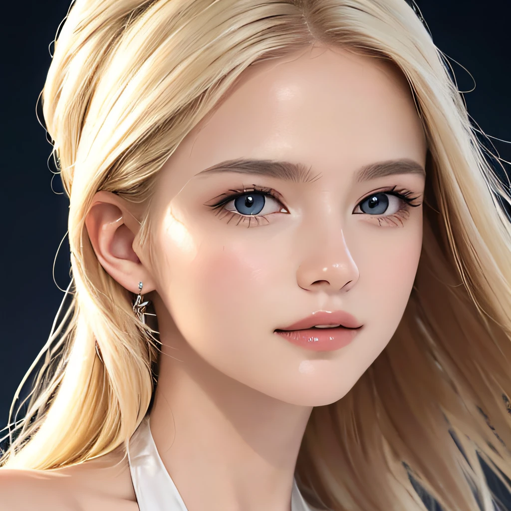 (8K, RAW Photos, of the highest quality, Masterpieces: 1.2), (Realistic, Photorealistic: 1.37), Highest Quality, Ultra High Resolution, light  leaks, Dynamic lighting, Slim and smooth skin, (Full body:1.3), (Soft Saturation: 1.6), (Fair skin: 1.2), (Glossy skin: 1.1), Oiled skin, 22 years old, Night, shiny white blonde, Well-formed, Hair fluttering in the wind, Close-up shot of face only, Physically Based Rendering, From multiple angles, The bikini