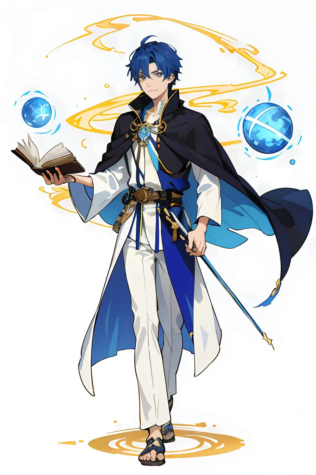 tmasterpiece,best qualityer,male people,Fine face,blue hair,long white robe,Float two spell books,stroll,Golden Magic Array,Desert background