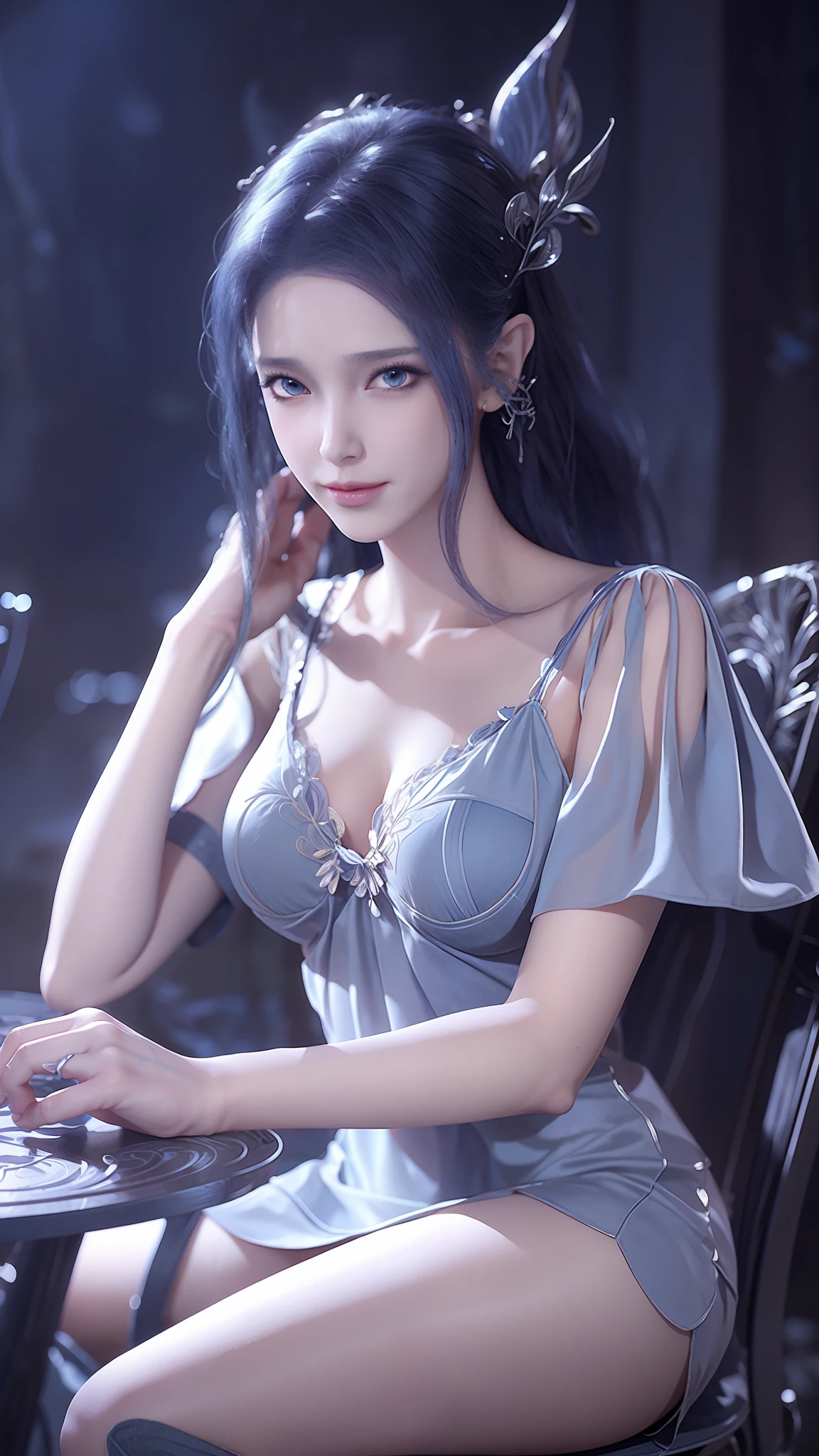 The Arad woman in a blue dress sits at the table, closeup fantasy with water magic, 2. 5 D CGI anime fantasy artwork, Anime fantasy illustration, Detailed digital anime art, beautiful fantasy anime, Smooth anime CG art, Anime fantasy artwork, 8K high quality detailed art, Realistic anime 3 D style, ultra detailed water, beautiful and seductive anime woman