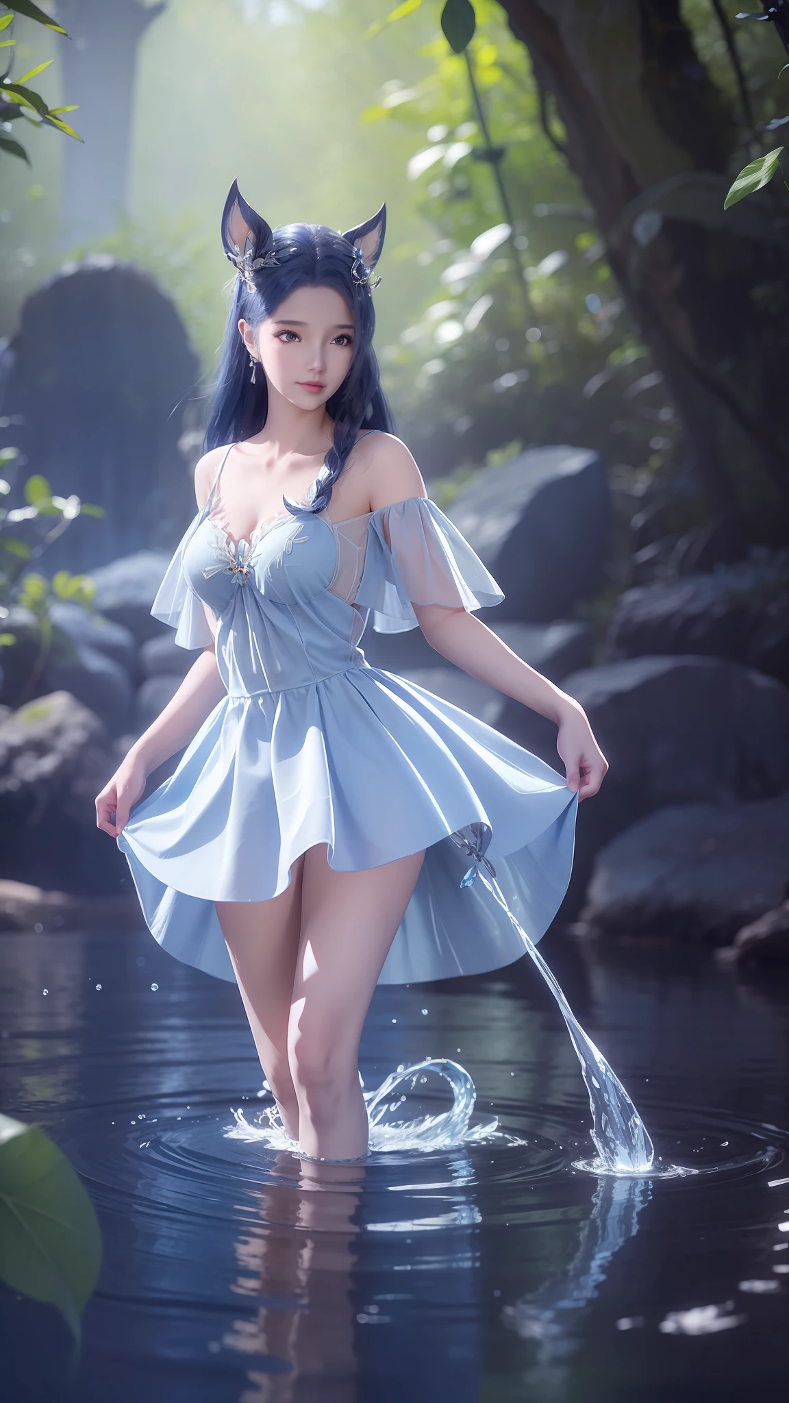 Arapei in a blue and white dress stood in the water, Anime girl walking on water, closeup fantasy with water magic, azur lane style, trending on cgstation, Anime girl cosplay, seraphine ahri kda, Splash art anime Loli, trending at cgstation, realistic water, water fairy, WLOP and Sakimichan