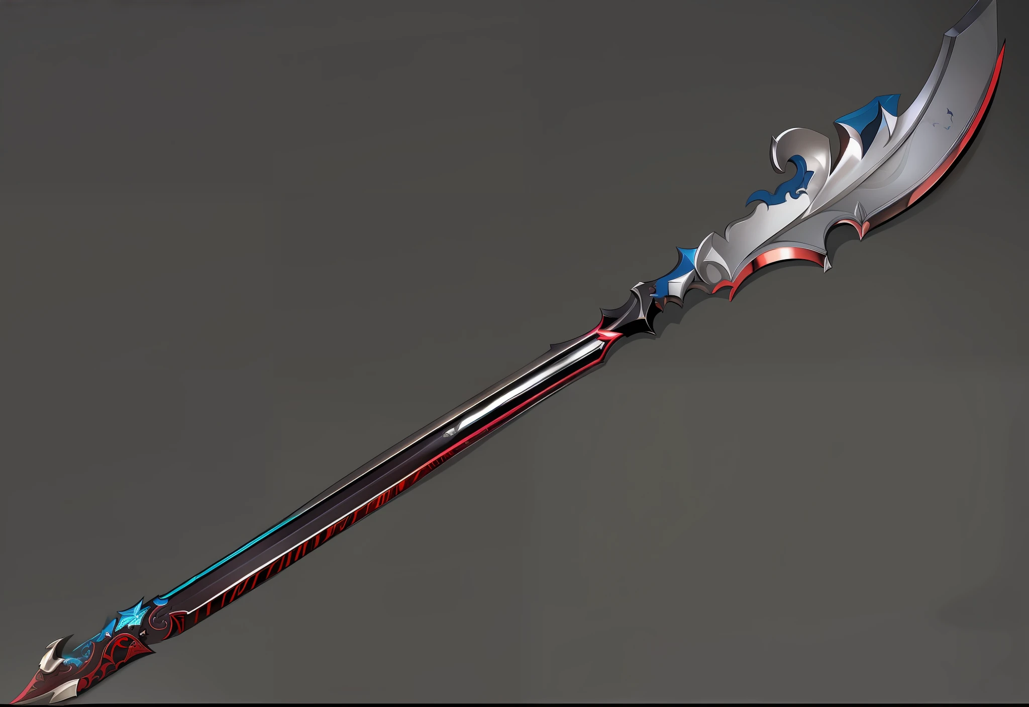 There is a very long sword with a very long blade, realistic spear, Arme fantastique, Personnel draconique, Science fiction sword, Concept Art of the weapon, War blade weapon, Weapon design, Lance fantastique complexe, rendu en keyshot, arme d'hast, Style de Ghost Blade, Magic Fishing Rod Weapon, Polearm Glaive, Epic fantasy weapon art