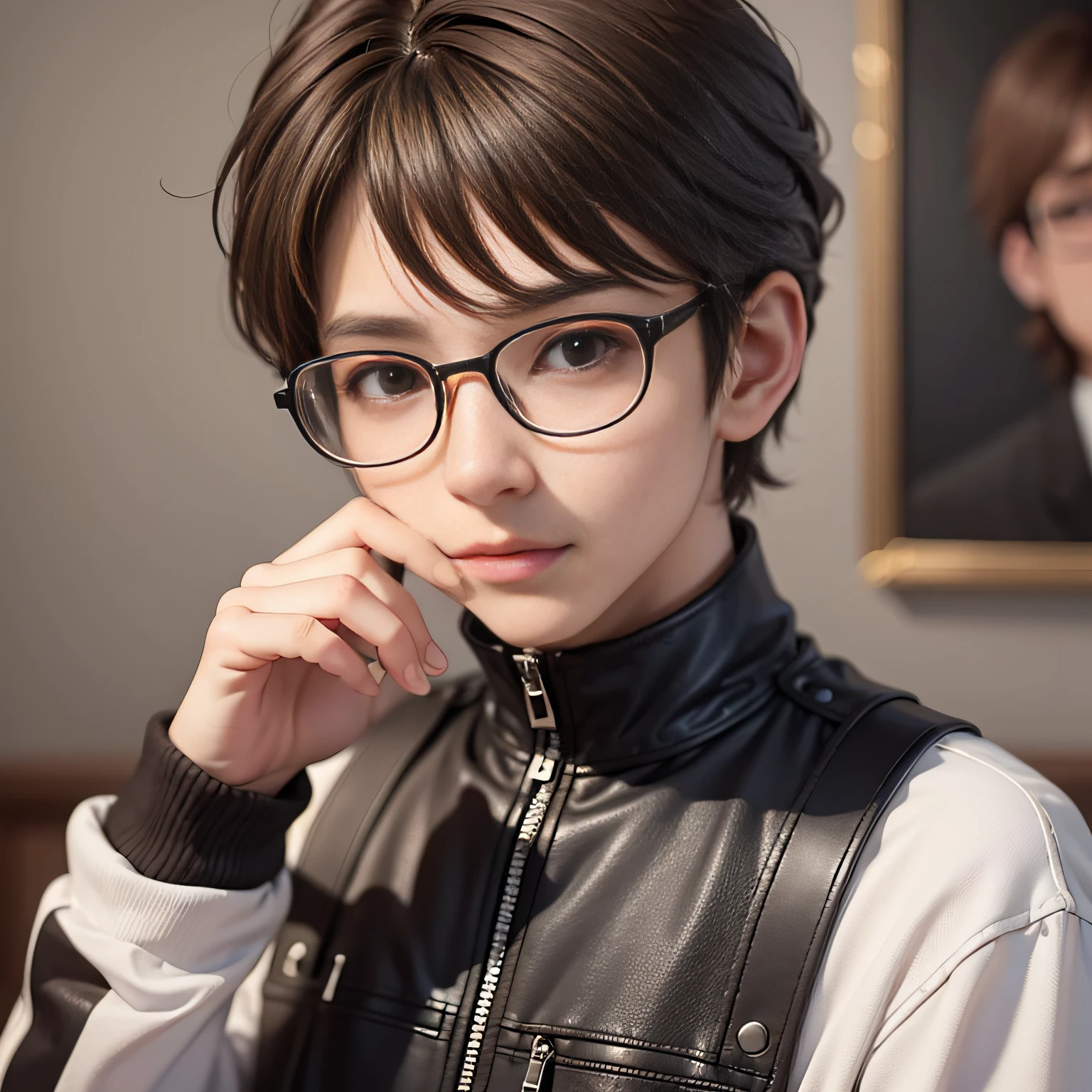 1boy,black glasses,solo,black hair,brown eyes,brown hair,sylish hair,looking at viewer,cartoon portrait