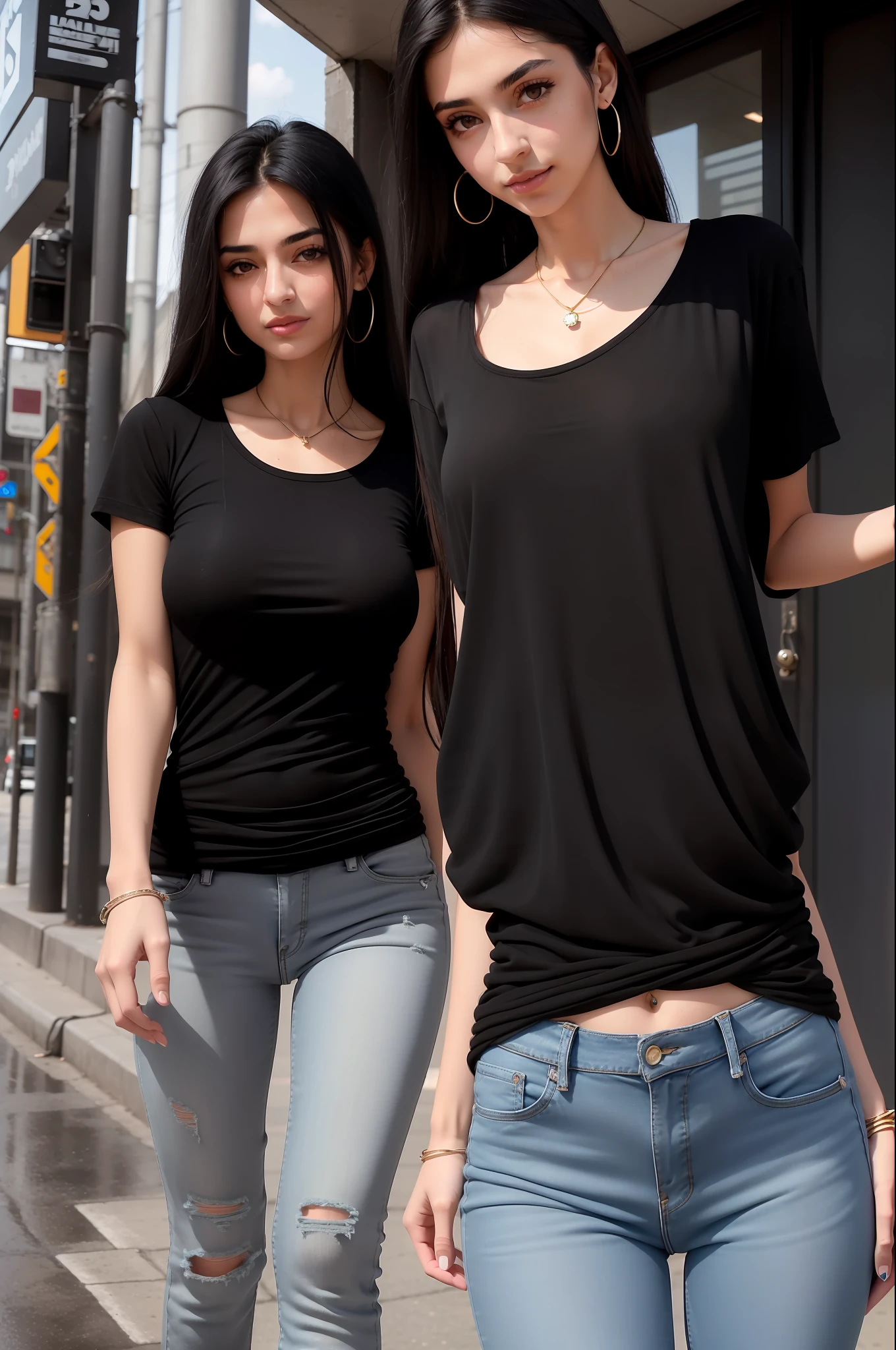 (solo middle eastern 24 years old girl), wearing a (Black baggy plain tee-shirt, long length tee-shirt, skinny damage long jeans, :1.5), walking cross legs, straight-on,seductive smile,long dark wavey hair,(full body:1.1), (cyberpunk background:1.2), outdoors,
(rain:1.1, wet street) ,(medium breasts, bouncing breasts, no bra), basic black long length tee-shirt, short sleeves tee-shirt, wristwatch, very beautiful arabian girl, ankle fit damage tight jeans, jewelry, detailed very beautiful feet's, long heel's, full body shot.