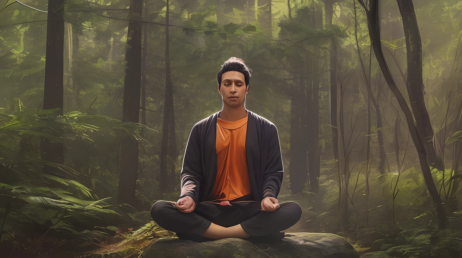 Arafed man sitting in a meditation position in the forest, Meditando, meditation pose, meditation, meditating pose, Zen Meditation, yoga meditation pose, Meditativo, relaxante, Padmasana, zen méditation cyberpunk, foto de retrato, Meditating in lotus position, orar meditando, figura meditando close shot, lotus pose, medium shot portrait