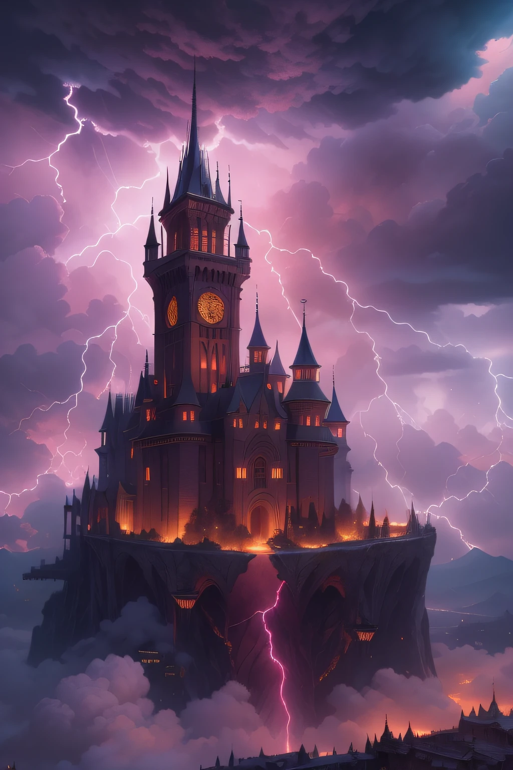 In the sky there is a castle with a tower, high fantasy castle, Flying citadel with towers, Flying Castle, epic castle with tall spires, abandoned castle in the sky, Fantasy architecture, futuristic castle, symmetrical spectacular fantasy art, an immense floating castle, Cyberpunk Castle, Flying Cloud Castle, High Fantasy Matte Painting, Castle in the air,Castle in the Sky,Alafed Castle with spire and clock tower in the background, epic castle with tall spires, concept art stunning atmosphere, andreas rocha and john howe, andreas rocha style, inspired by Raphael Lacoste, inspired by Marc Simonetti, bussiere rutkowski andreas rocha, Fantasy architecture, gothic epic library concept, Marc Simonetti. Convoluted, Lightning clouds, Atmospheric lightning, Pink lightning, With thunderstorms, Dark storm with lightning, Dramatic purple lightning, Lightning in the sky, Colorful lightning contrast lightning, thunderstorm in the sky, Lightning in the background, With lightning, Stormy weather with lightning, Lightning that creates life, Upper volumetriclightning, thunderstorm, Dark clouds and lightning、(Red moon peeking through the clouds),Horror movie effects,Prom night,