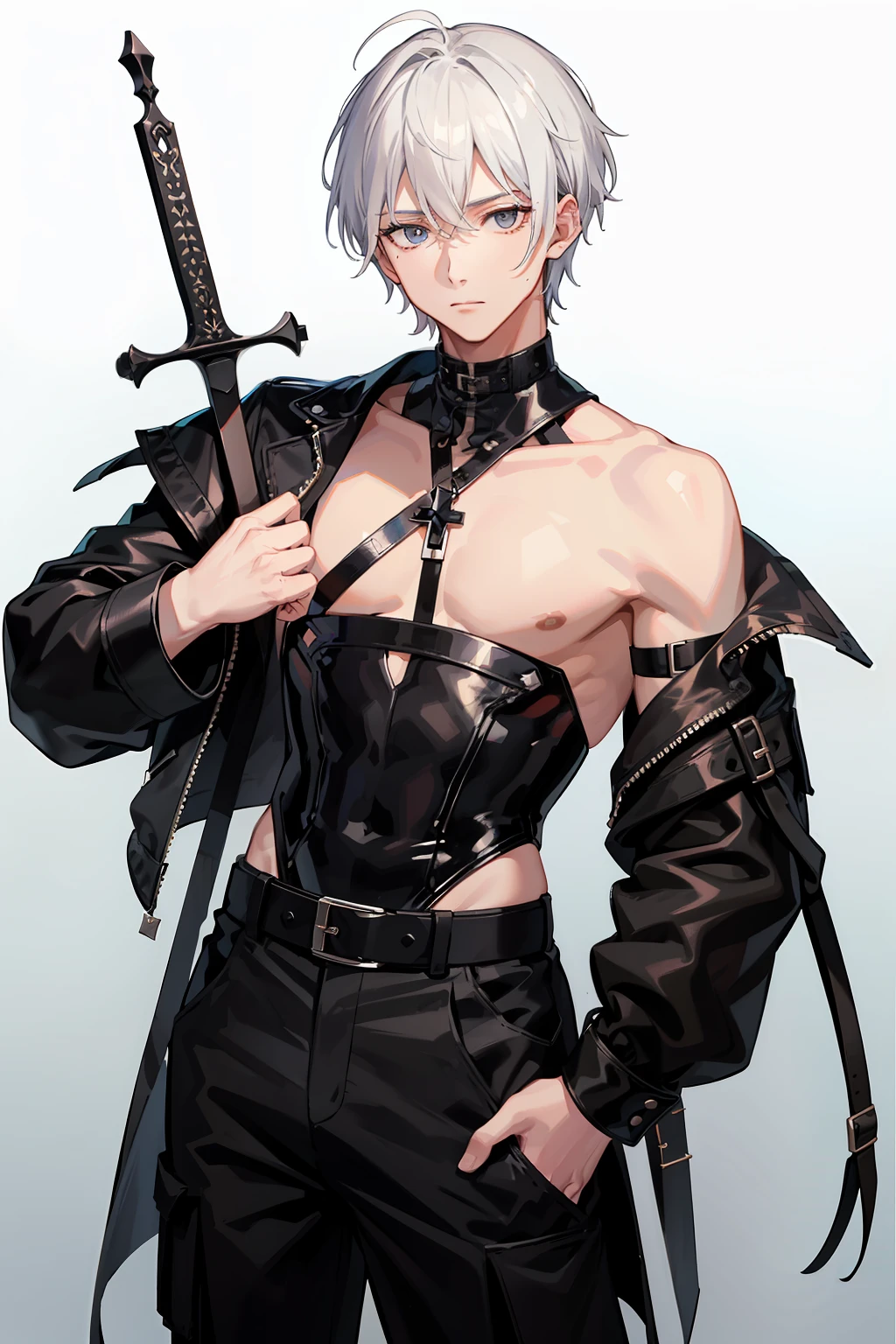 White-colored skin,White-colored skin,whaite hair,Black pupils,Pure black eyes,Silver-toned stud earrings,shoun,crosses,bandagens,There are bandages on the hands,short detailed hair,Handsome,Libido boy,Highest image quality,the night,the night,warn,male people,hooding,cargo pants,Martin boots,Black pick dye,Long sword,crosses,crosses,nighttime scene,Black cargo pants,Black pantsuit