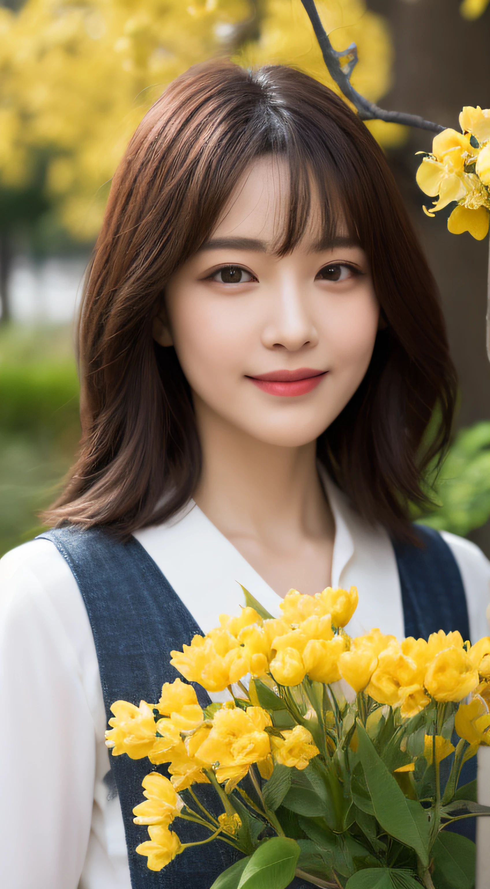 masterpiece, best quality, realistic, cinematic,
1girl, standing, close-up portrait, red aodai, (smile:0.8), (yellow apricot blossom, (potted flowers:0.8), flowers, falling petals, tree branch), flower in hair, walking in garden
