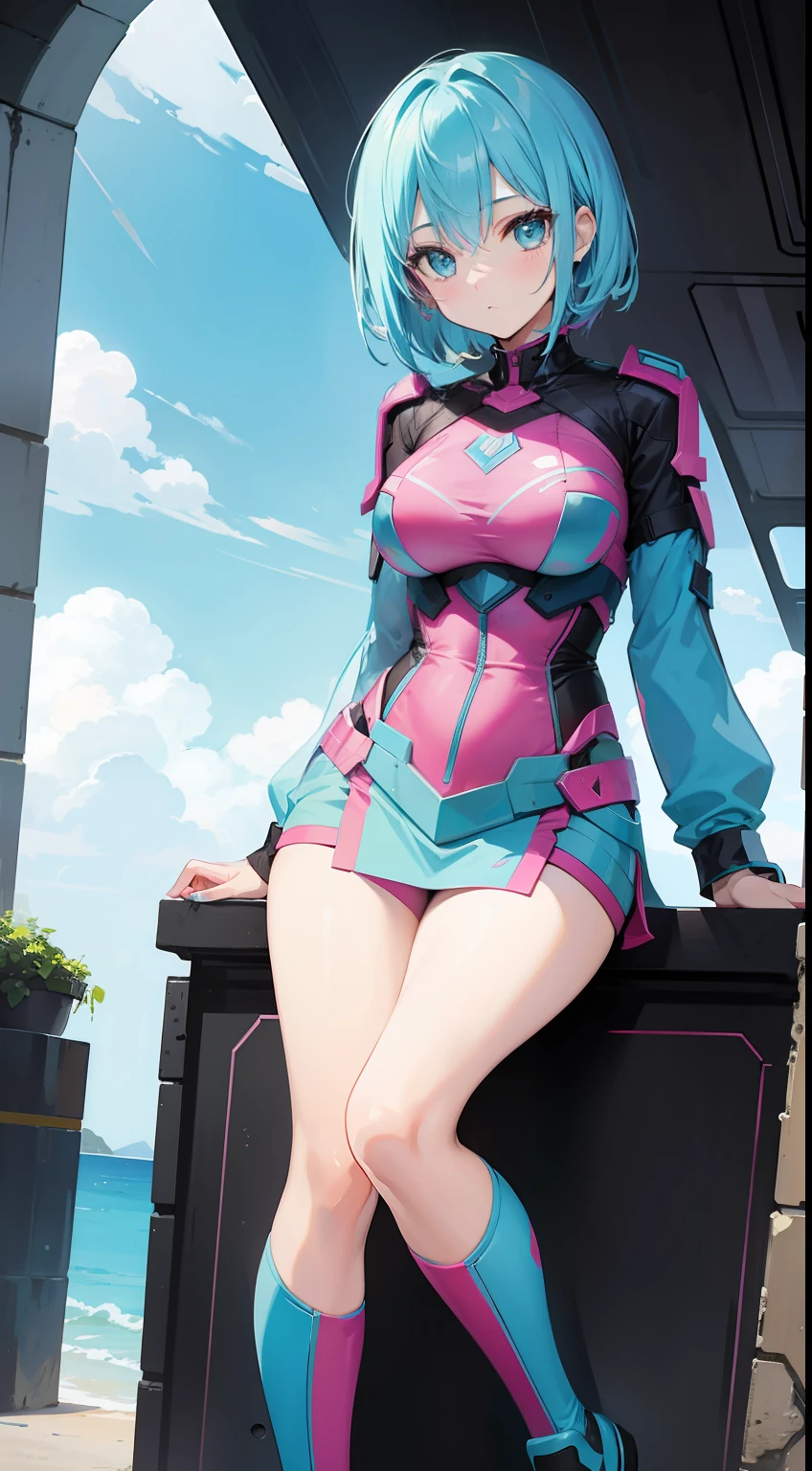 Adult woman, Short blue hair, Cyan eyes, Autobot's pink armor, arch, Masterpiece, hiquality