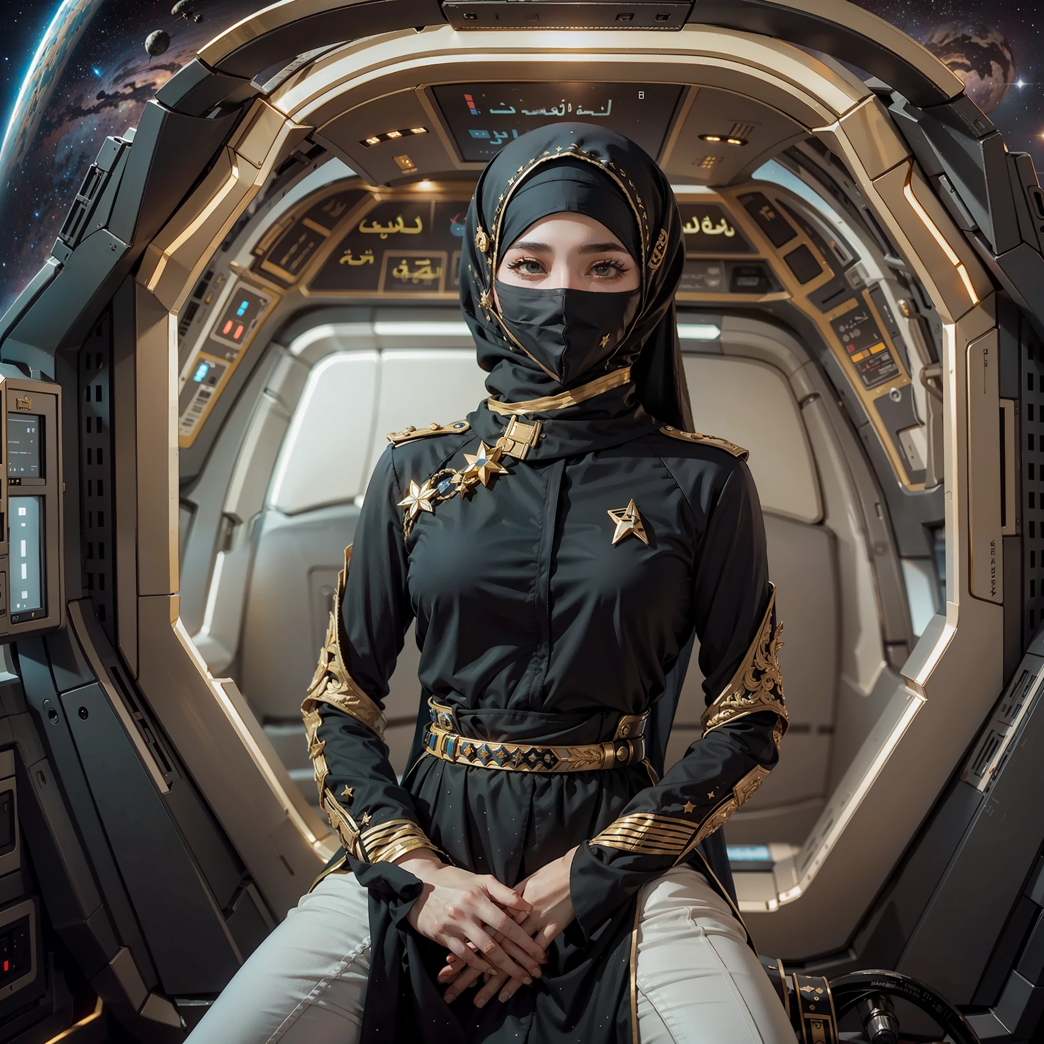Arabic version《Star-Trek》,Female version《Star-Trek》,Arab female version of James,Arabic hijab,Veil masked,Arabian luxury Starfleet uniform,Sitting in the cockpit of the Enterprise,The Arab women's version of Spock and the Arab women's version of McCoy,Wear an Arabic headscarf,Veil masked,Wearing an Arabian luxury uniform,Stand behind him,The Arabic version of the Enterprise sails in space,High-tech and Arabic style。