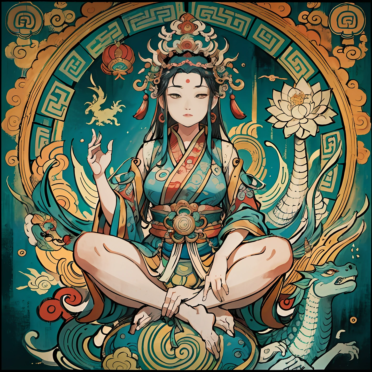 an ancient Chinese goddess, guanyin of the southern seas, Guanyin, Inspired by India, Avalokiteshvara rides a dragon,Serene expression,shui mo hua,Buddha,Buddhist,Lotus,Chinese painting style,Thangka style