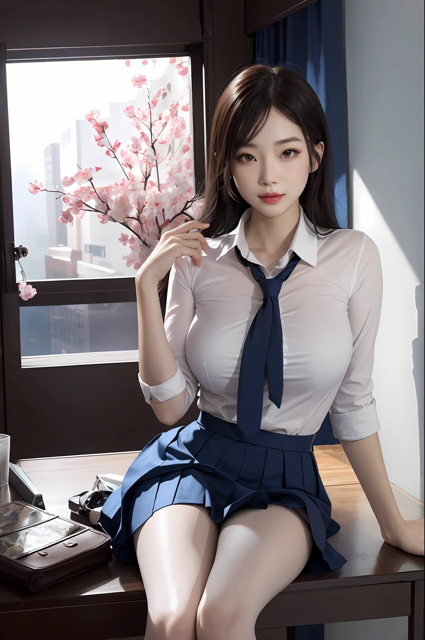 Ultra-realistic 8k CG,s the perfect face,flawless perfection,ren,tmasterpiece,professionalartwork,famousartwork,s the perfect face,beauitful face,beautidful eyes,((Perfect female body)),独奏,(immersiveatmosphere,lightand shade contrast:1.5,Bright light:1.2,lumnious),,(Blushlush:0.5),Enchanting expression,Ultimate detail_The eye,thick thight,huge tit,Exquisite background,depth of fields,photorealestic:1.3,Faraway view,1girl,The shirt,pleatedskirt,stocklings,School Uniform,Sit Pose,full bodyesbian,(ambient lights:1.3),(cinematic compositions:1.3),(neonlight:0.1),(HDR:0.1),emphasis lighting,White panty hose,