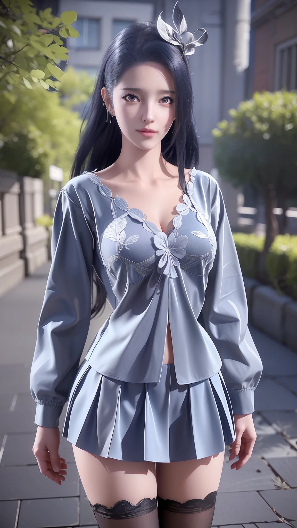 There is a woman in a short skirt and jacket posing for a photo, Surrealism female students, Surrealism female students, Realistic schoolgirl, photorealistic anime girl rendering, small curvaceous ****, thighhighs and skirt, 3 d anime realistic, highly detailed giantess shot, Photorealistic anime, photorealistic full body, [ 4 K photorealism ]!!