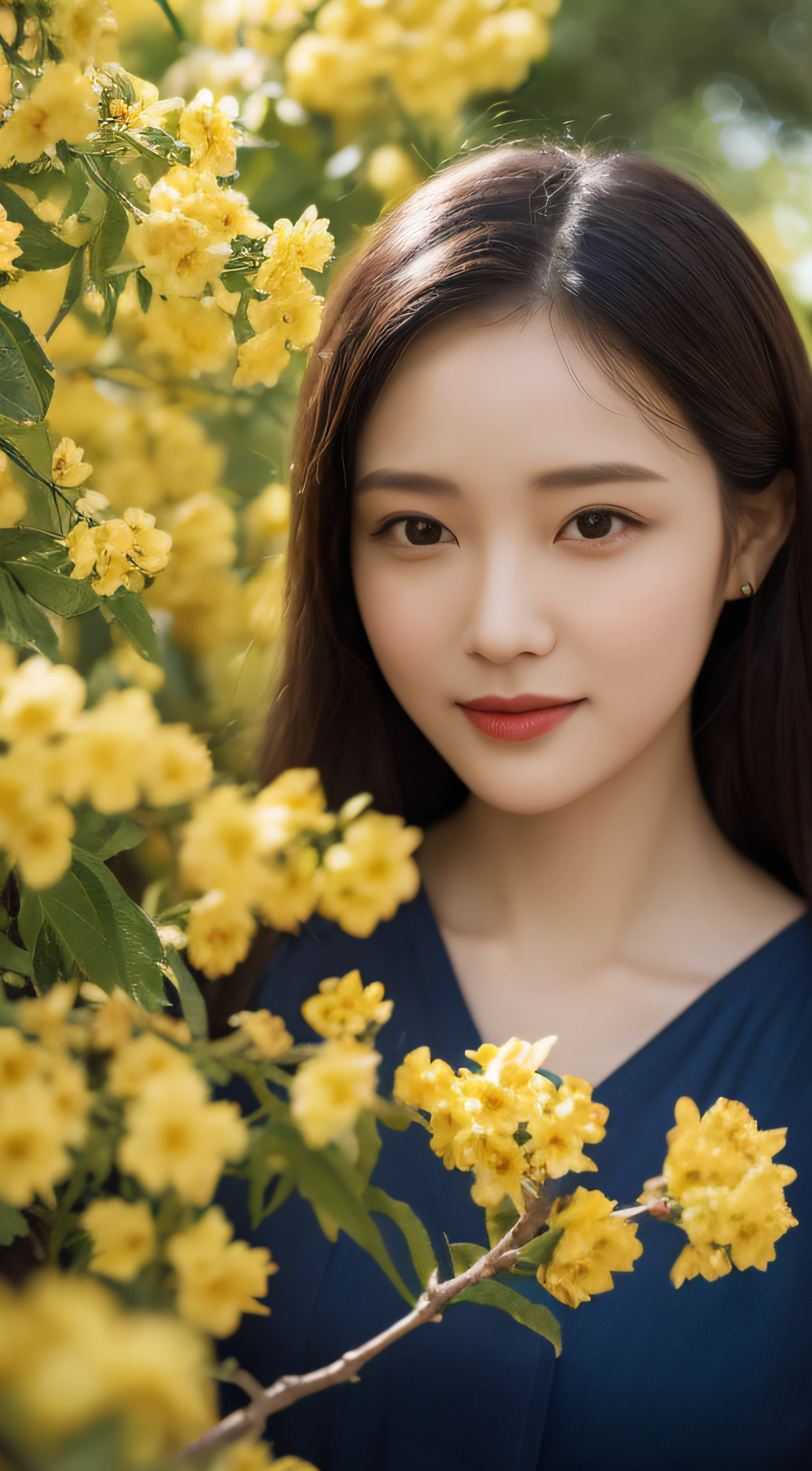masterpiece, best quality, realistic, cinematic,
1girl, standing, close-up portrait, red aodai, (smile:0.8), (yellow apricot blossom, (potted flowers:0.8), flowers, falling petals, tree branch), flower in hair, walking in garden