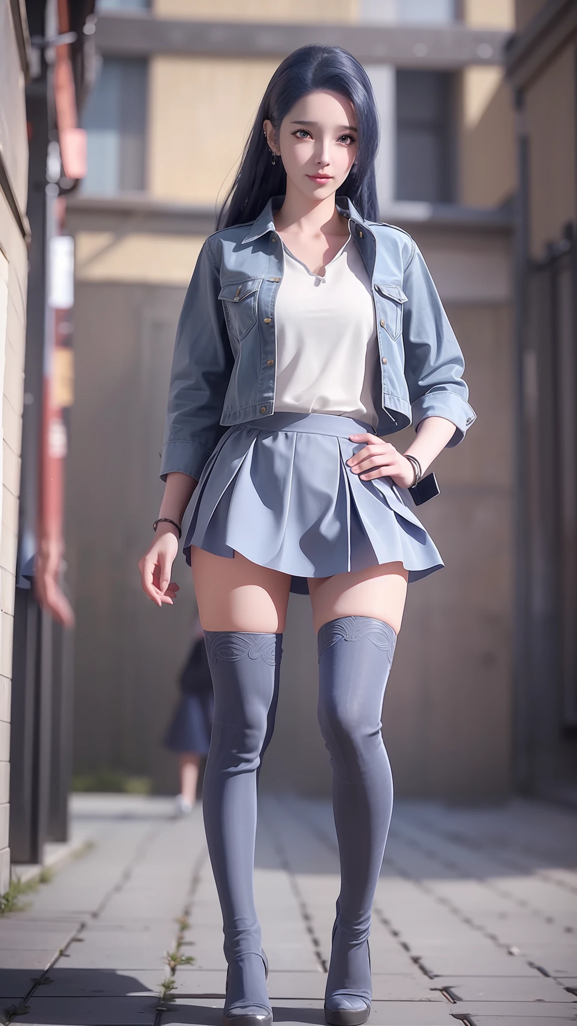 There is a woman in a short skirt and jacket posing for a photo, Surrealism female students, Surrealism female students, Realistic schoolgirl, photorealistic anime girl rendering, small curvaceous loli, thighhighs and skirt, 3 d anime realistic, highly detailed giantess shot, Photorealistic anime, photorealistic full body, [ 4 K photorealism ]!!