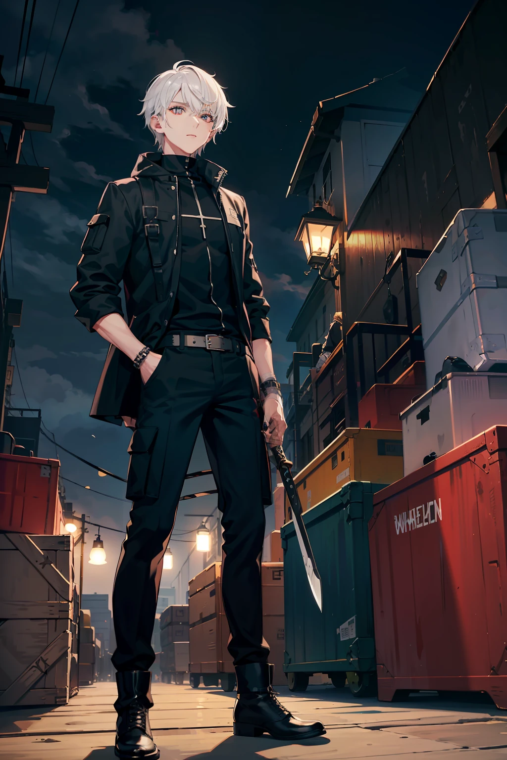 White-colored skin,White-colored skin,whaite hair,Black pupils,Pure black eyes,Silver-toned stud earrings,shoun,crosses,bandagens,There are bandages on the hands,short detailed hair,Handsome,Libido boy,Highest image quality,the night,the night,warn,male people,hooding,cargo pants,Martin boots,Black pick dye,Long sword,crosses,crosses,nighttime scene,Black cargo pants,Black pantsuit
