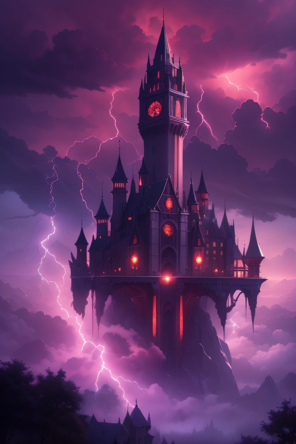 In the sky there is a castle with a tower, high fantasy castle, Flying citadel with towers, Flying Castle, epic castle with tall spires, abandoned castle in the sky, Fantasy architecture, futuristic castle, symmetrical spectacular fantasy art, an immense floating castle, Cyberpunk Castle, Flying Cloud Castle, High Fantasy Matte Painting, Castle in the air,Castle in the Sky,Alafed Castle with spire and clock tower in the background, epic castle with tall spires, concept art stunning atmosphere, andreas rocha and john howe, andreas rocha style, inspired by Raphael Lacoste, inspired by Marc Simonetti, bussiere rutkowski andreas rocha, Fantasy architecture, gothic epic library concept, Marc Simonetti. Convoluted, Lightning clouds, Atmospheric lightning, Pink lightning, With thunderstorms, Dark storm with lightning, Dramatic purple lightning, Lightning in the sky, Colorful lightning contrast lightning, thunderstorm in the sky, Lightning in the background, With lightning, Stormy weather with lightning, Lightning that creates life, Upper volumetriclightning, thunderstorm, Dark clouds and lightning、(Red moon peeking through the clouds),Horror movie effects,cosmic horror,