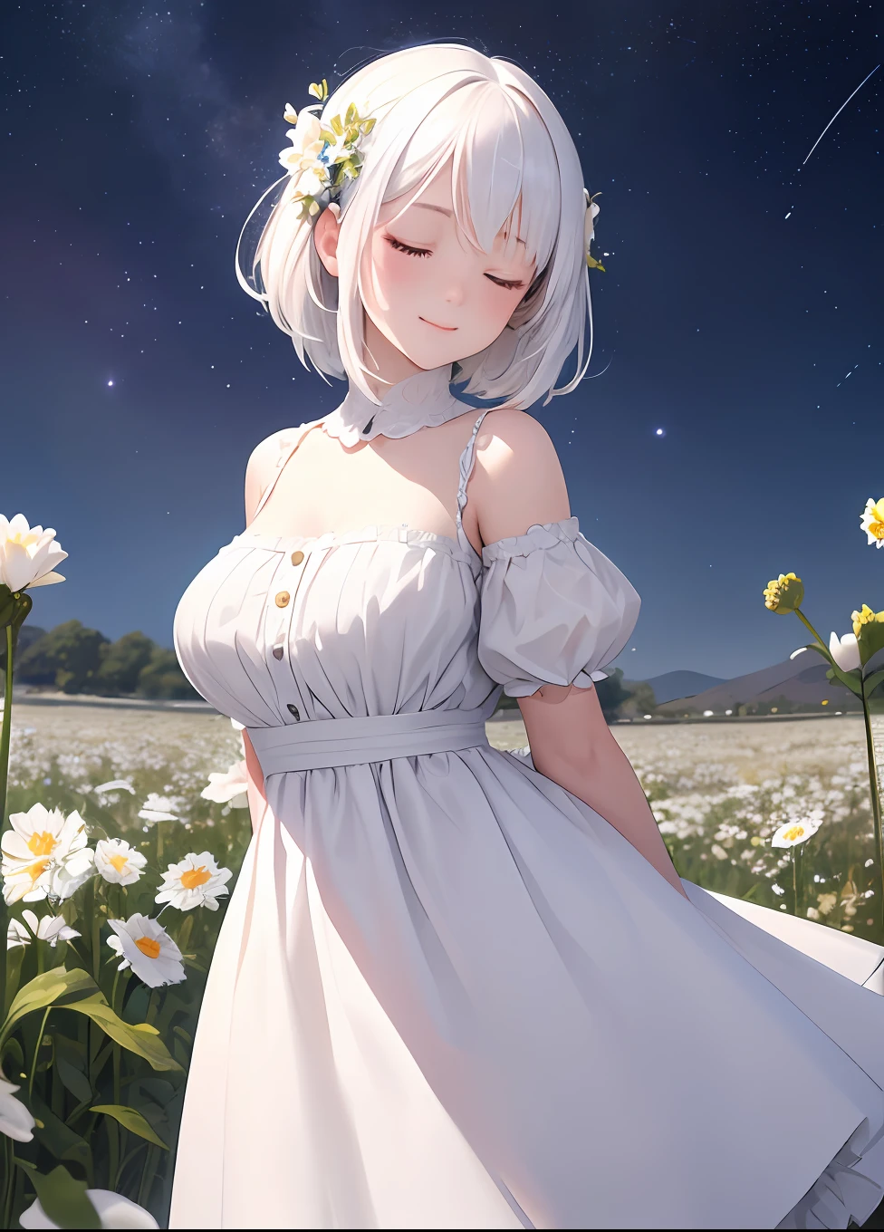 masterpiece, best quality, 1girl, white hair, standing, flower field, arms behind back, night, starry sky, closed eyes, light smile,