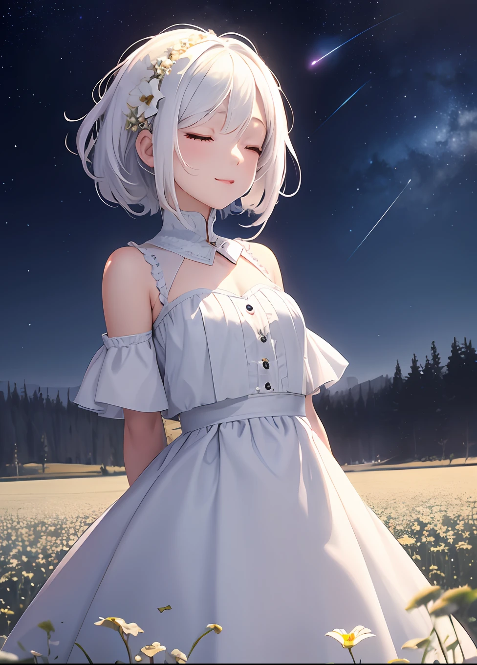 masterpiece, best quality, 1girl, white hair, standing, flower field, arms behind back, night, starry sky, closed eyes, light smile,