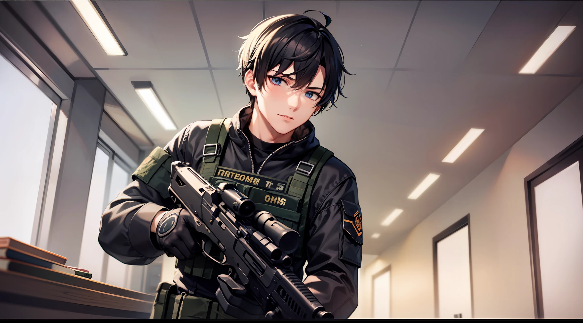 1 boy, attractive boy, handgun, in the dark office building, black clothes, special operations, special force, cinematic action, dynamic entry, looking enemy