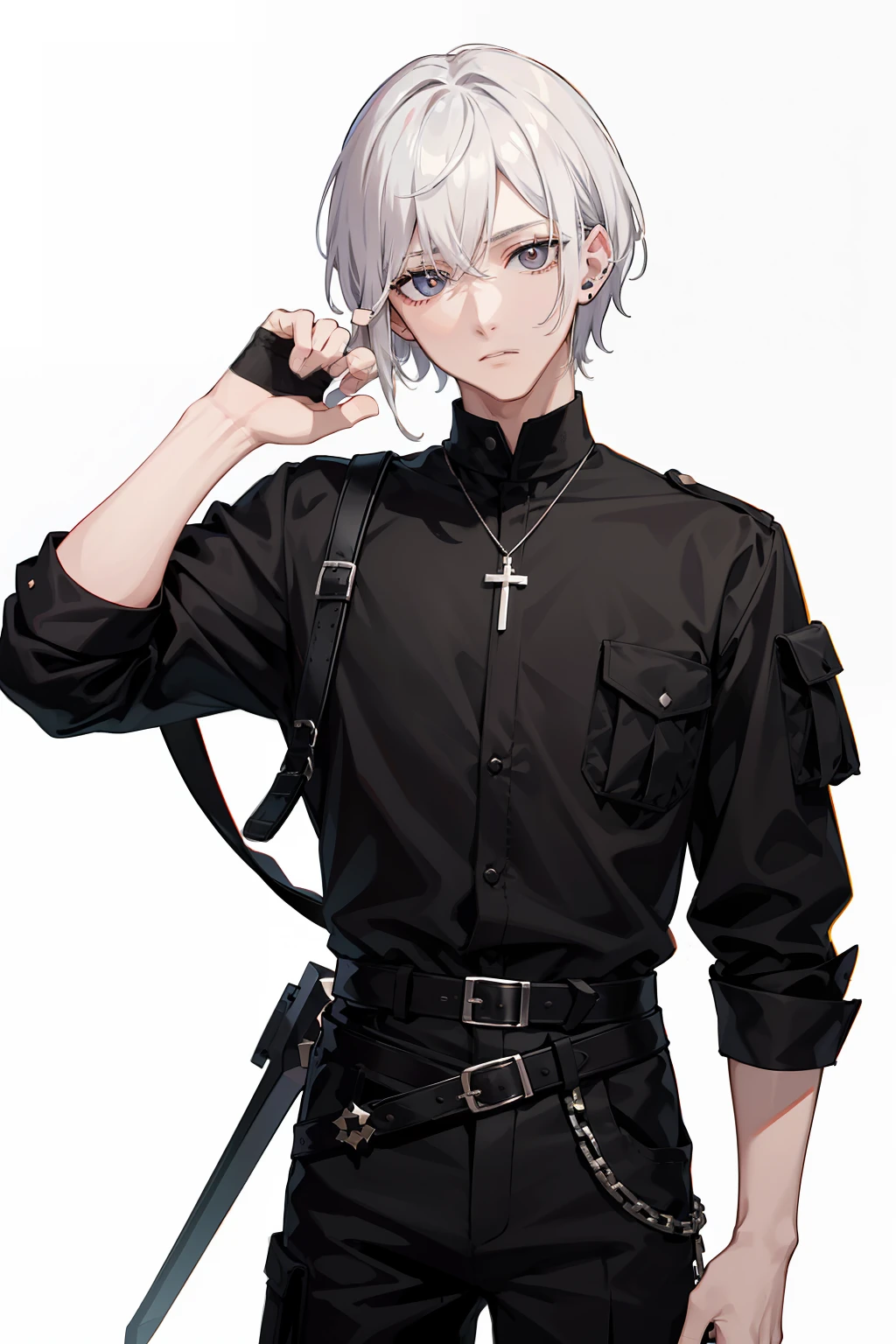 White-colored skin,White-colored skin,whaite hair,Black pupils,Pure black eyes,Silver-toned stud earrings,shoun,crosses,bandagens,There are bandages on the hands,short detailed hair,Handsome,Libido boy,Highest image quality,the night,the night,warn,male people,hooding,cargo pants,Martin boots,Black pick dye,Long sword,crosses,crosses,nighttime scene,Black cargo pants,Black pantsuit