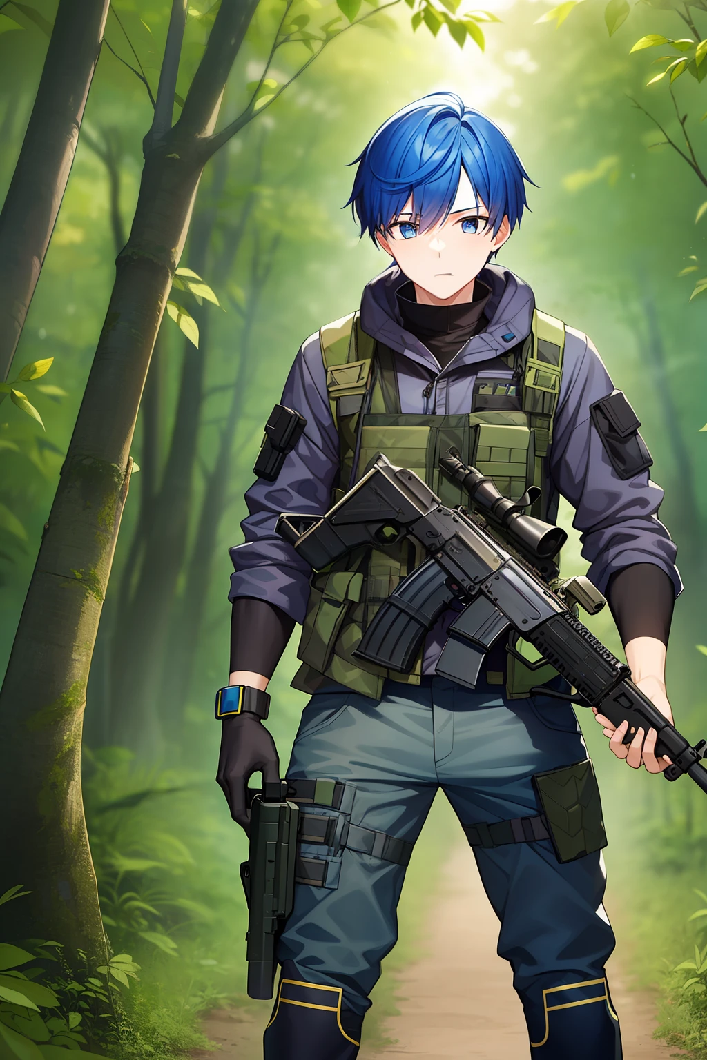 A young man with vibrant blue hair, dressed in a tactical combat rig, confidently stands amidst a lush forest backdrop, gripping an M4 assault rifle