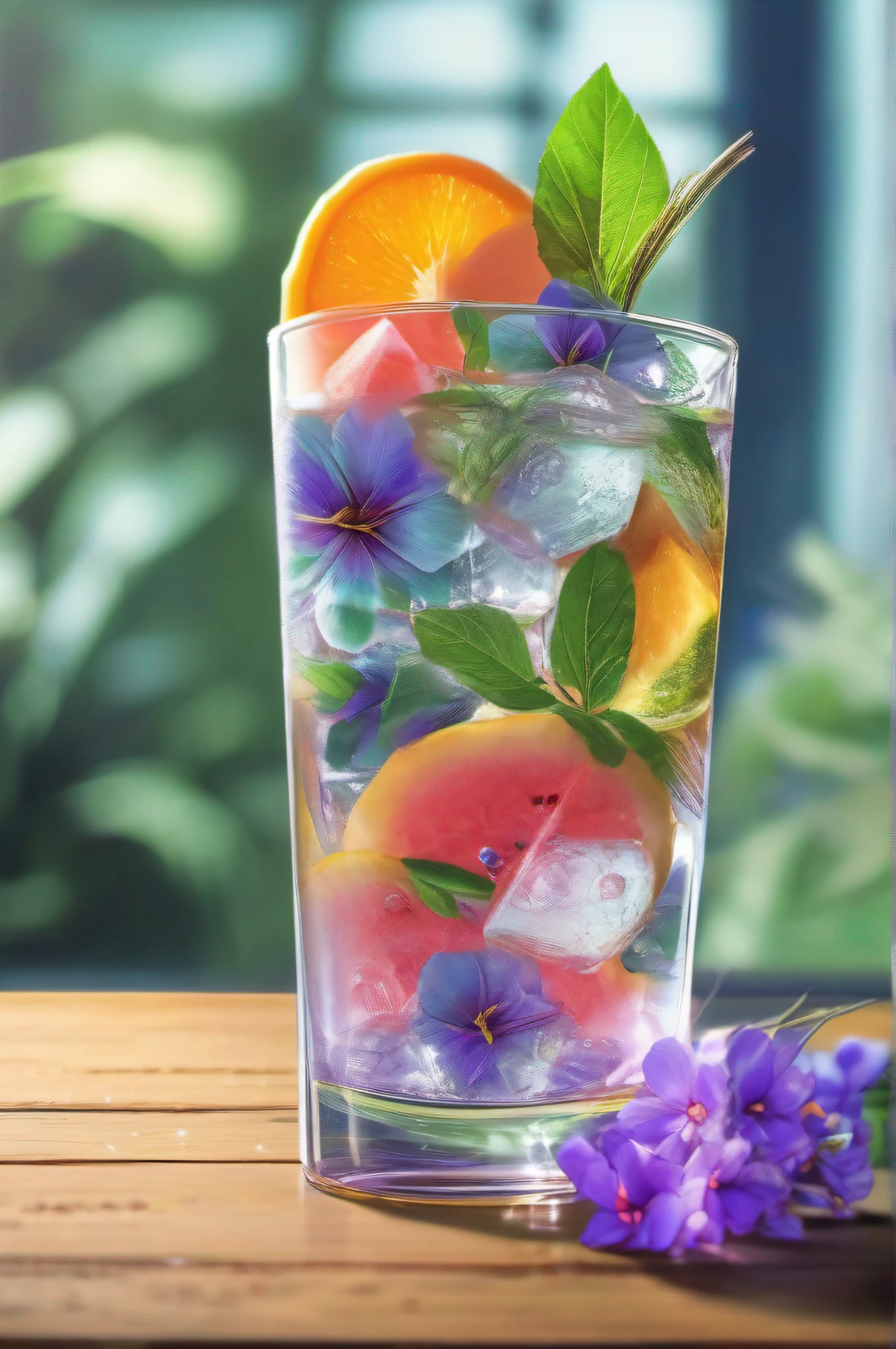 The glass is centered,cleanness,sparkling,Made from purified water、ice cubes、The orange、mangoes,water melon,Soft drink made from small purple flowers,Small purple flower,The small purple flowers are small,There are many small green leaves,limpid,Lots of ice,Blue-purple,Ice cubes shiny and shiny,pretty cool。There are colored straws and ice cubes,Place on green leaves,85mm,closeup cleavage,On a table,The background is sunlight,Soft light,Morning,NOhumans,cold shades