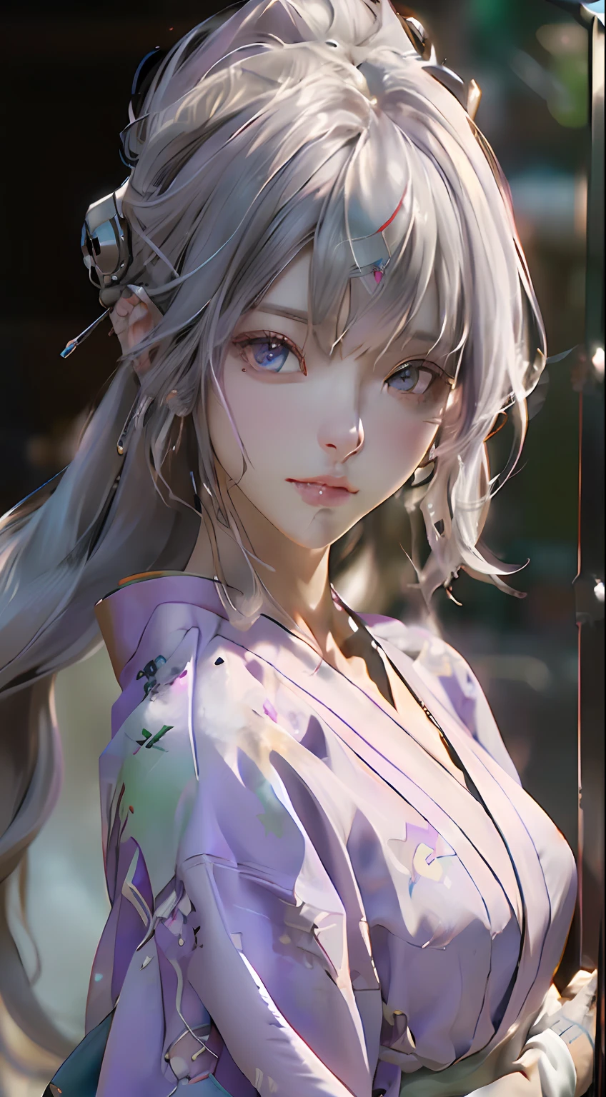 walking around Japan summer festival, (light purple color kimono:1.3), (Best Quality), ((Masterpiece), (Detail: 1.4), 3D, A Beautiful Cyberpunk Woman, HDR (High Dynamic Range), Ray Tracing, NVIDIA RTX, Super-Resolution, Unreal 5, Subsurface Scattering, PBR Textures, Post-Processing, Anisotropic Filtering, Depth of Field, Maximum Sharpness and Clarity, Multi-layer Textures, Albedo and Highlight Maps, Surface Shading, Exact simulation of light-material interactions, perfect proportions, Octane Render, bicolor light, large aperture, low ISO, white balance, rule of thirds, 8K RAW, close-up of a woman with very long hair and a very large body, perfect anime robot woman, anime robot with organic mix, best anime 4K konachan wallpaper, detailed digital anime art, beautiful girl cyborg, portrait of cyborg queen, cyborg - silver girl, biomechanics oppai, Digital cyberpunk anime art