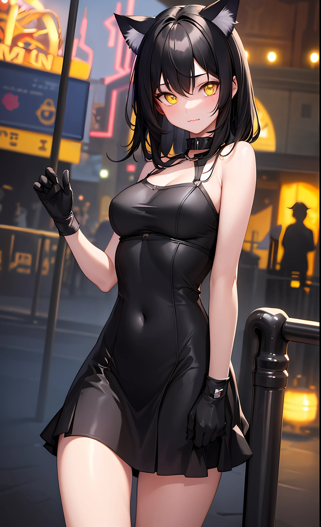 masterpiece, best quality, 1girl, theme park, glowing, :3, cat ears, black hair, glowing, yellow eyes,