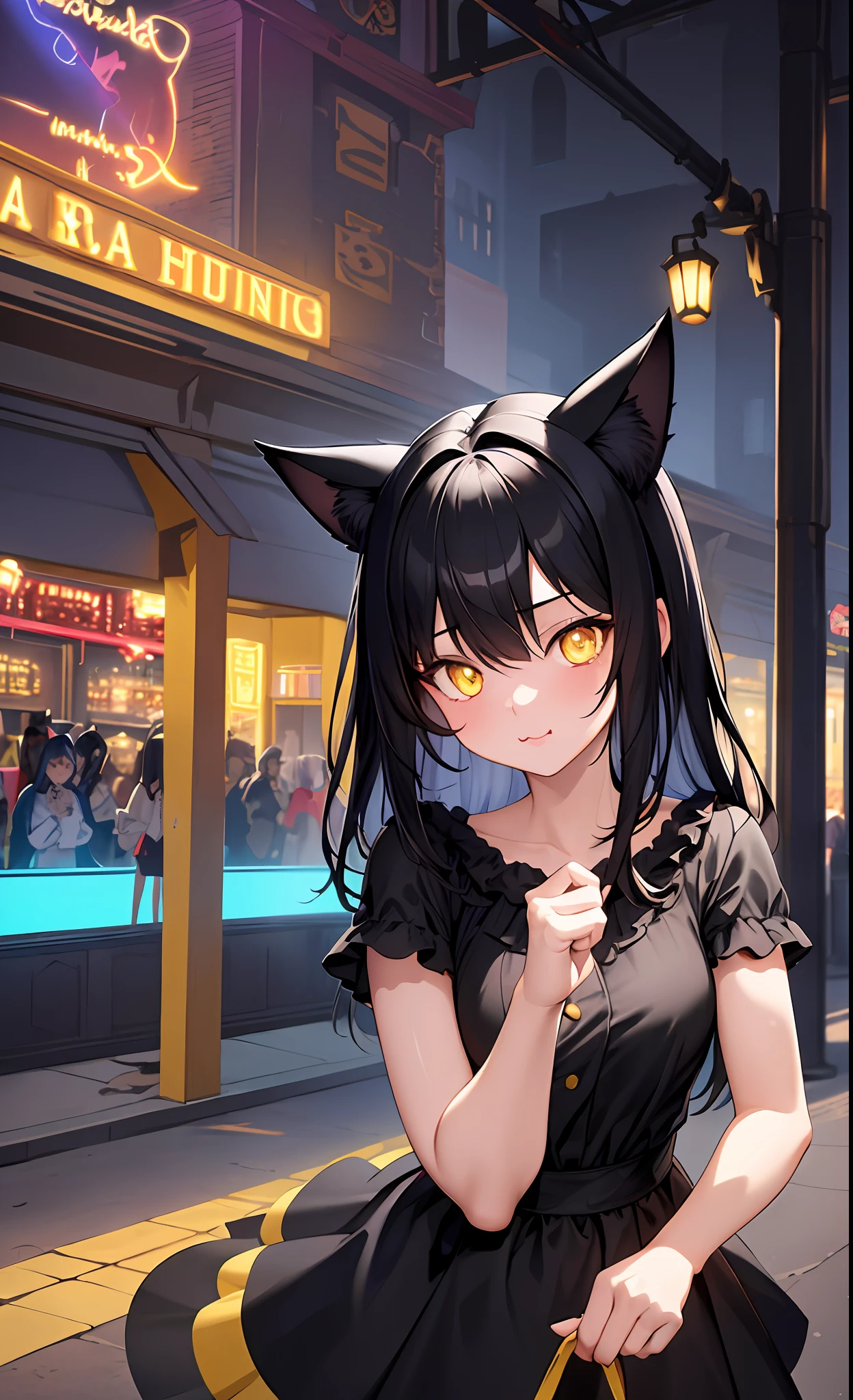 masterpiece, best quality, 1girl, theme park, glowing, :3, cat ears, black hair, glowing, yellow eyes,