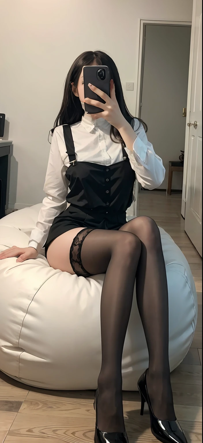 Arakfi sat on the bean bag,Take a selfie with your phone in the mirror, Black socks with suspenders ,blackstockings,lacepantyhose, Anime Barbie suspenders black stockings, Stockings, With black socks suspenders Black stockings,lacepantyhose, There are no shoes on the thighs, Wearing white tights, Thigh suspender high stockings, White tights, wearing in stocking, Beautiful arms and legs, Wearing stockings, Close-up of legs, Beautiful hands with no ears on the head