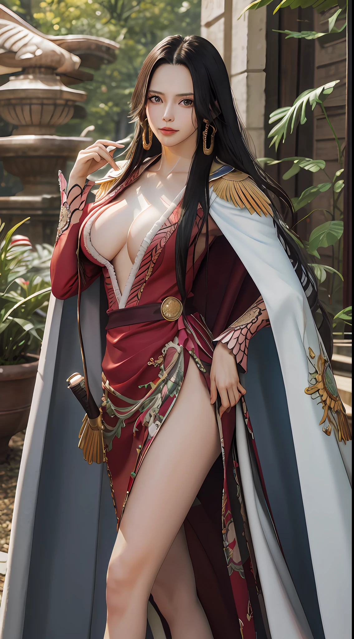 masterpiece, best quality, highres, hancock1, 1girl, boa hancock, large breasts, long hair, epaulettes, cape, side slit, cowboy shot, standing, looking at viewer, sexy pose, safe for work, hands behind, perfect finger,