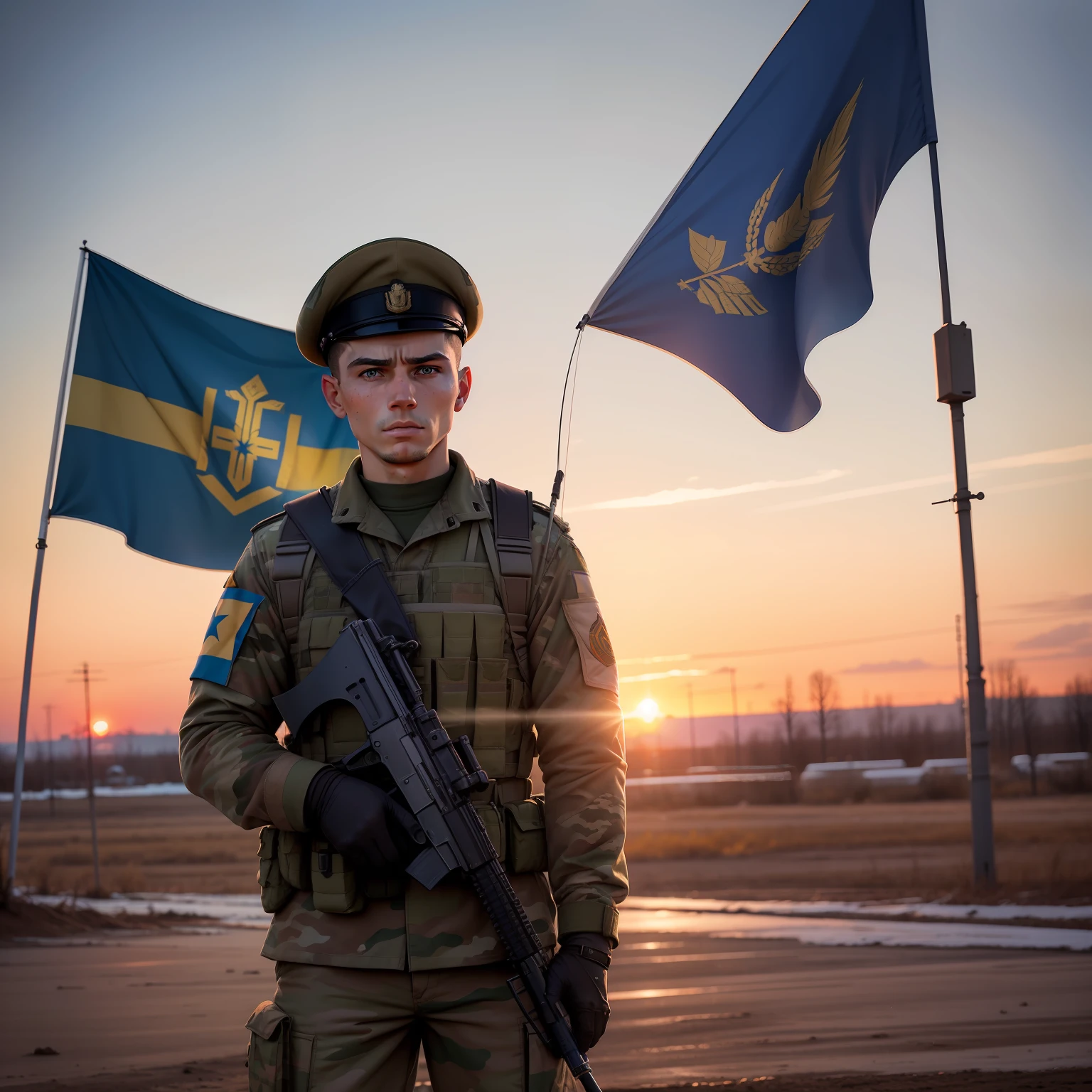 (hiquality): soldier of Ukraine, Powerful and expressive, in military uniform, holding the flag of Ukraine in front of a bright sunset.