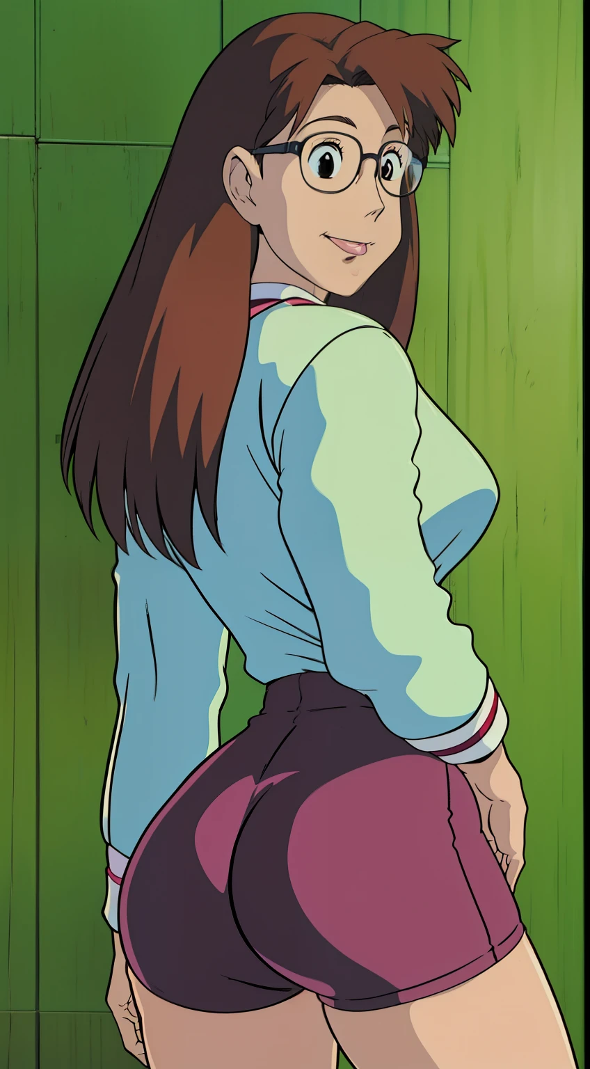 Koyomi mizuhara, glasses, brown hair, long hair, medium breasts, Long sleeved Jersey shirt, medium bubble butt, biker shorts/Sling panty, back of view, Wallpaper, smirking, luscious lips, 90’s, vintage