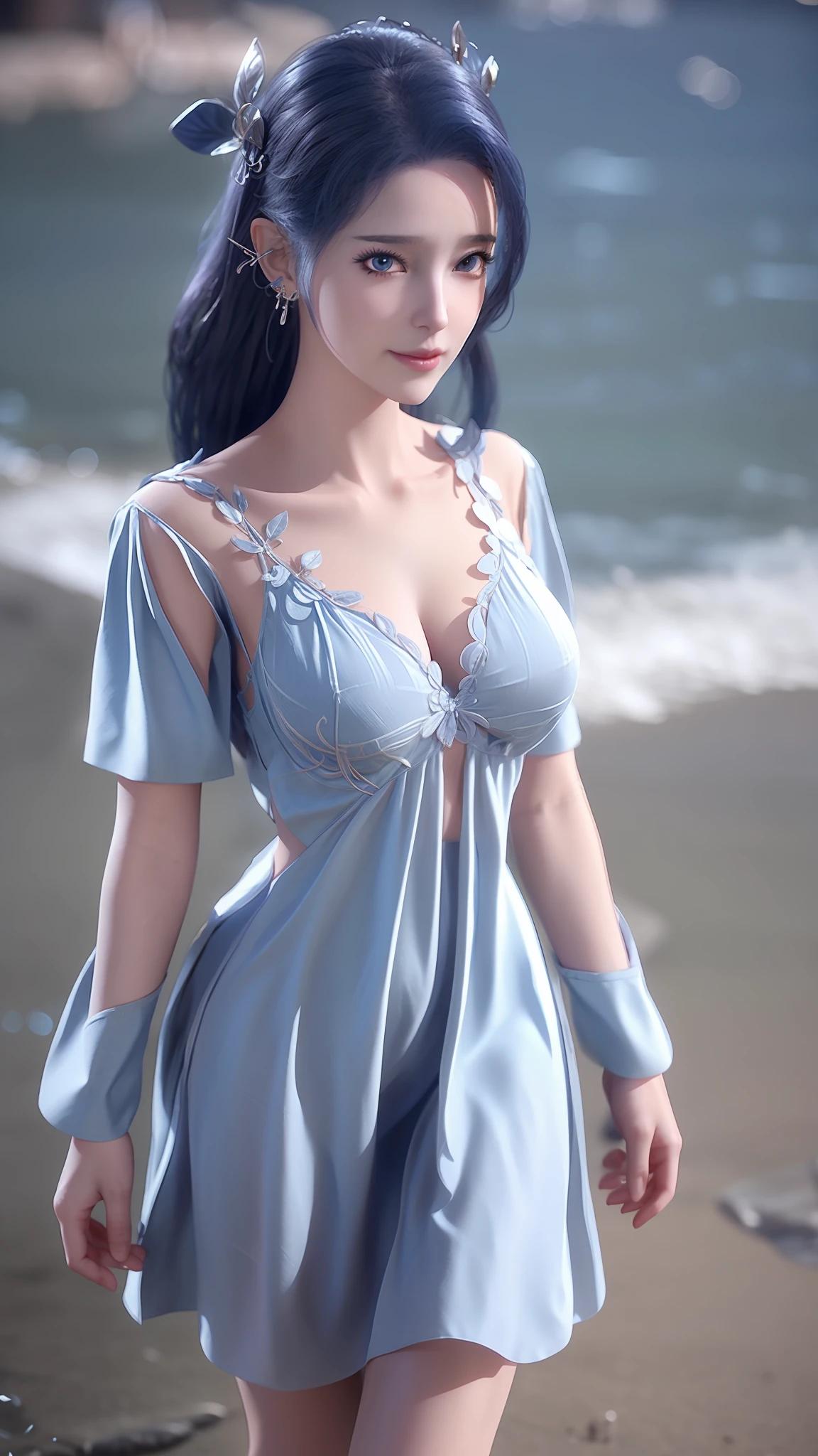 Arad woman in blue dress and white shirt walking on the beach, photorealistic anime girl rendering, render of a cute 3d anime girl, 3 D rendering character art 8 K, realistic fantasy rendering, Costume with blue accents, wearing fantasy clothing, fantasyoutfit, fantasy style clothing, hyper-detailed fantasy character, stuning fantasy 3 d render