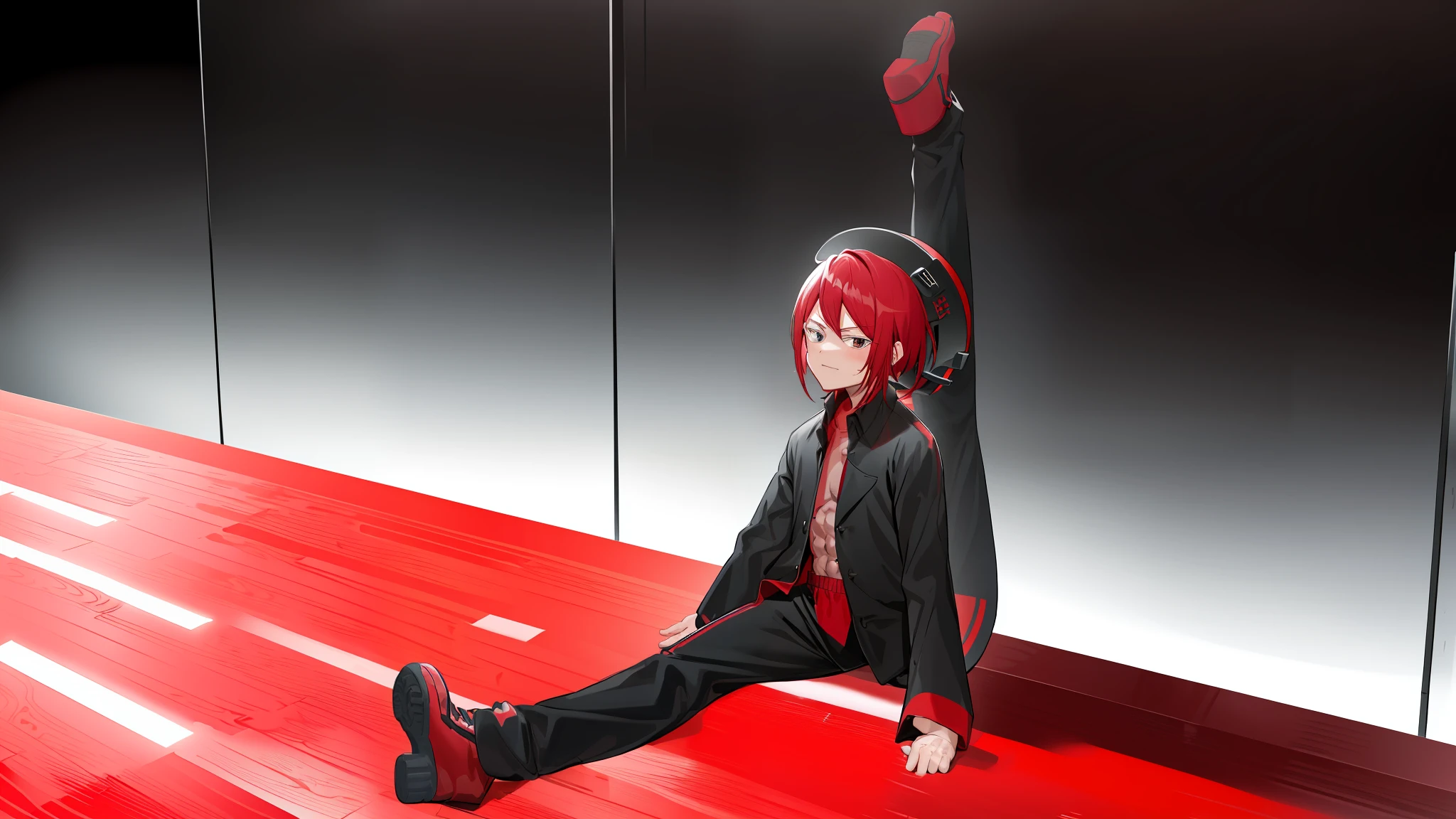 red hairs、male child、GYMTASTIC、Relaxed、Black clothe
