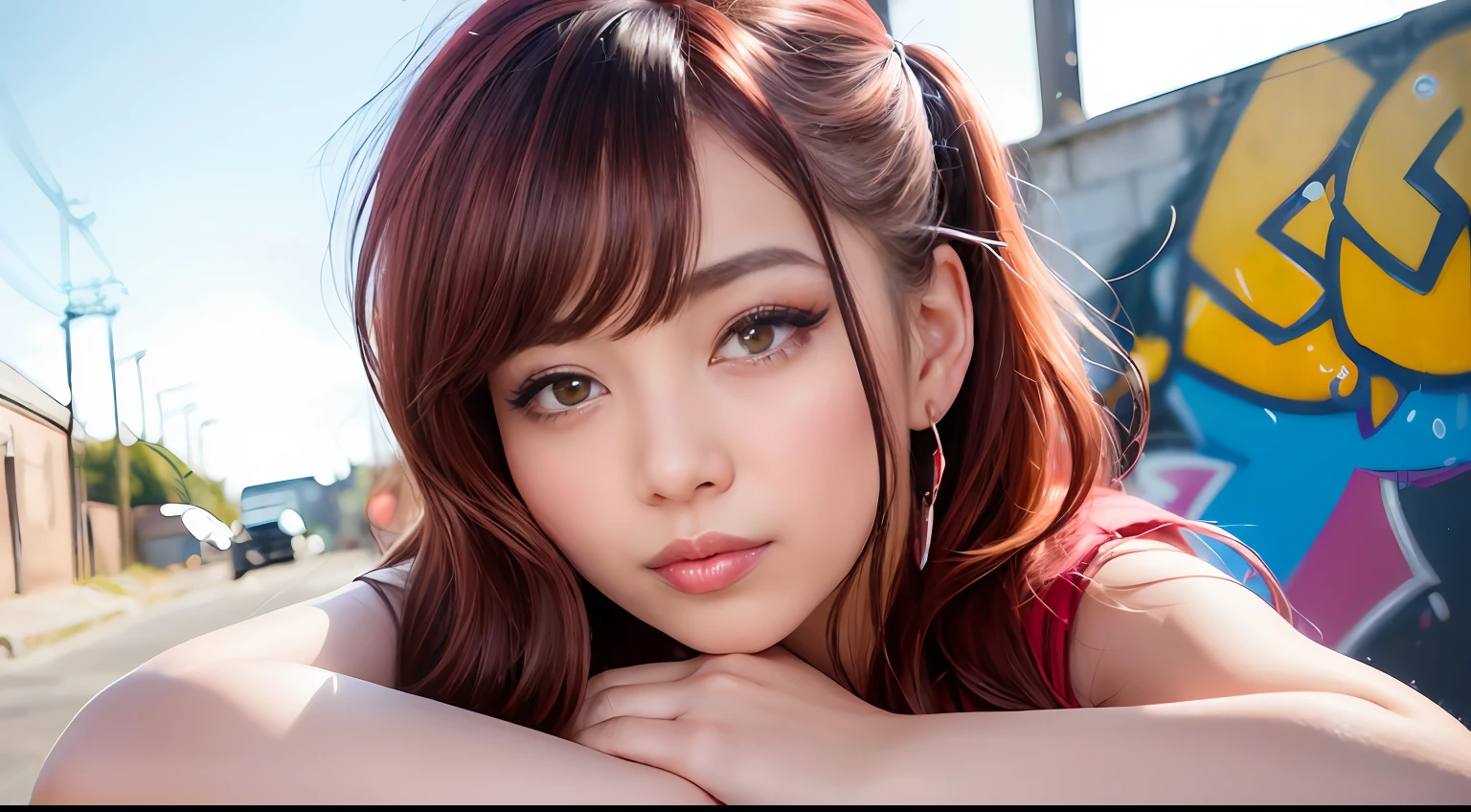 (top-quality、amazing detailed:1.4)、​masterpiece、Original Characters、Natural volume lighting and best shadows、Deep Depth Of Field、foco nítido、Portrait of amazingly beautiful petite girl、full body Esbian、alluring yellow eyes、Sharp eyeliner、seducting smile、Windswept disheveled brown hair、Medium twin-tailed hairstyles with thick layers、Blush eyeshadow with thick eyelashes、cparted lips、Open Furry Court、Denim Short Dress、(Messy painted body:1.05)、(graffiti murals wall background:1.15)、Old industrial area、(Ruined Street Crossword:1.2)、、painting-like、shorth hair、((red blush))、in her 20s、A smile