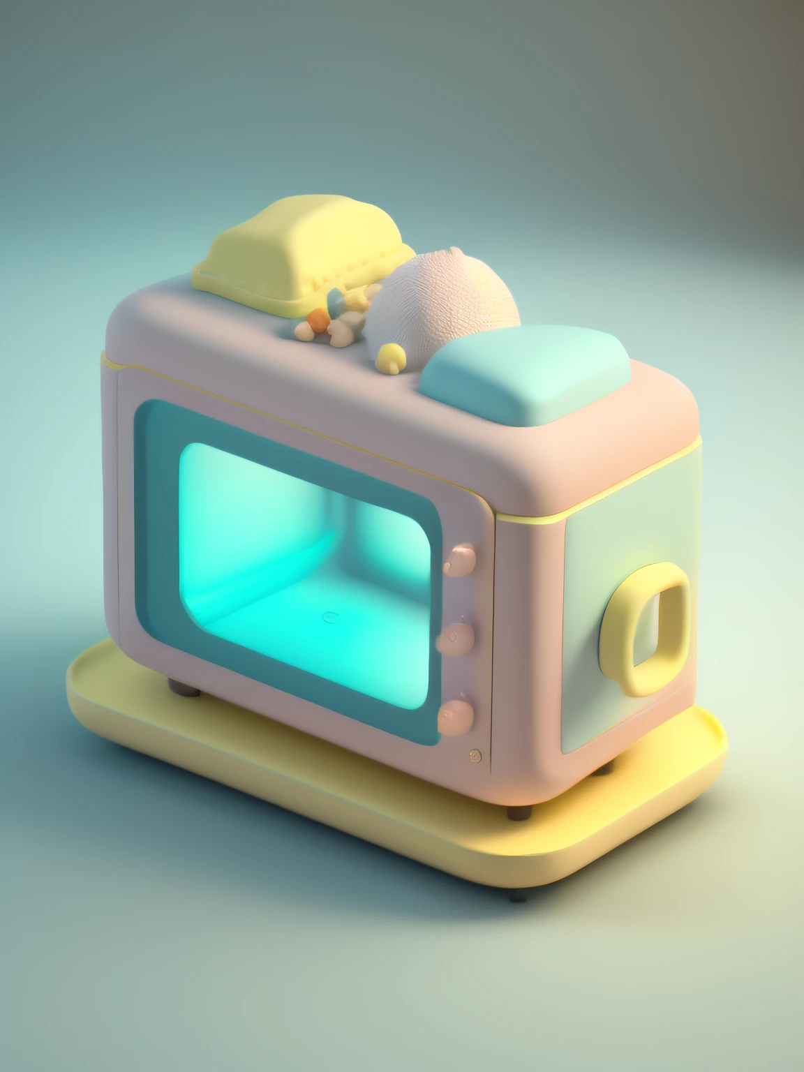 Lovely isometric view of a kawaii microwave， （cerulean， white colors， amarelo，）， Comfortable and soft， lighting particle， Dynamic light effects， 3d icon clay render， incredibily detailed， Hyper-Resolution