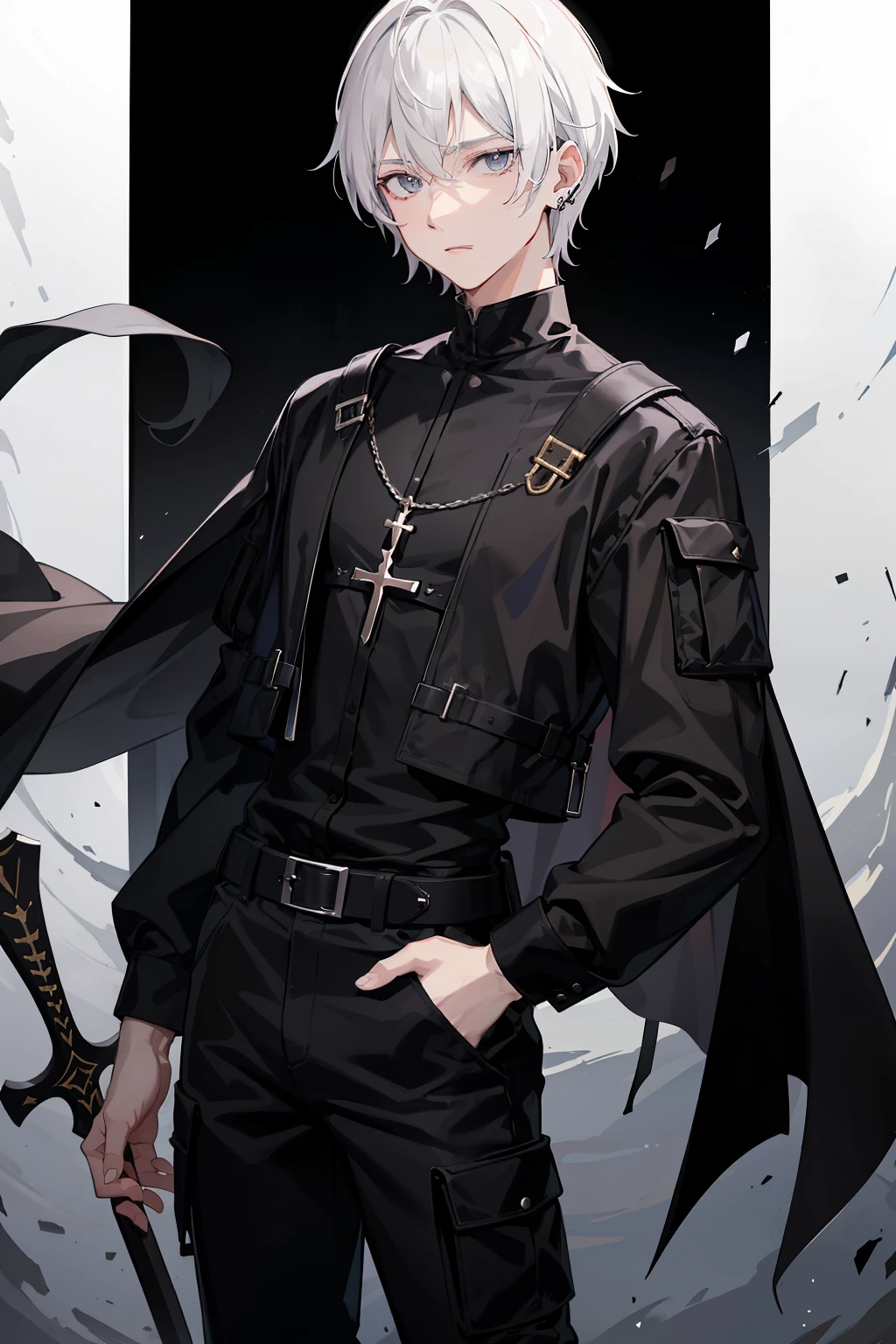 White-colored skin，White-colored skin，whaite hair，Black pupils，Pure black eyes，Silver-toned stud earrings，shoun，crosses，bandagens，There are bandages on the hands，short detailed hair，Handsome，Libido boy，Highest image quality，the night，the night，warn，male people，hooding，cargo pants，Martin boots，Black pick dye，Long sword，crosses，crosses，nighttime scene，Black cargo pants，Black pantsuit