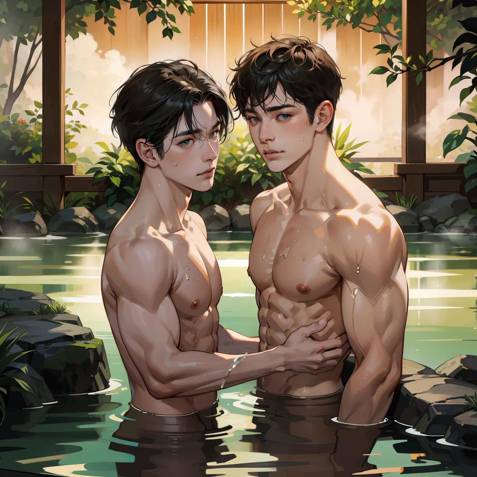 2boys, naked, completely, muscular, handsome, outdoor, bathing with steam, hot spring, onsen, sweat,  look at viewer, depth of field, bokeh,  detailed background, detailed lighting, diffused natural sunlight, diffused natural skin glow, symmetry eyes