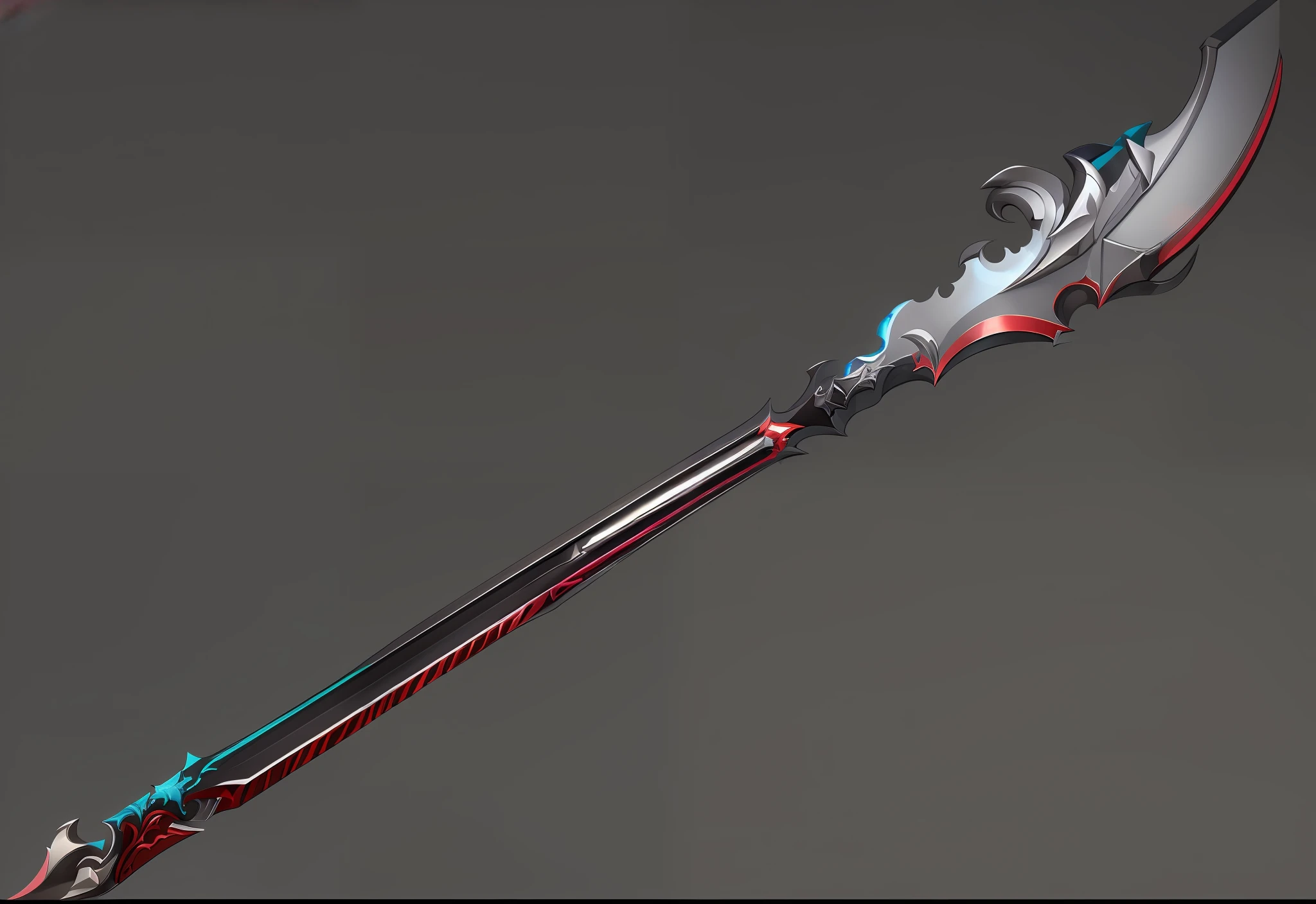 There is a very long sword with a very long blade, realistic spear, Arme fantastique, Personnel draconique, Science fiction sword, Concept Art of the weapon, War blade weapon, Weapon design, Lance fantastique complexe, rendu en keyshot, arme d'hast, Style de Ghost Blade, Magic Fishing Rod Weapon, Polearm Glaive, Epic fantasy weapon art