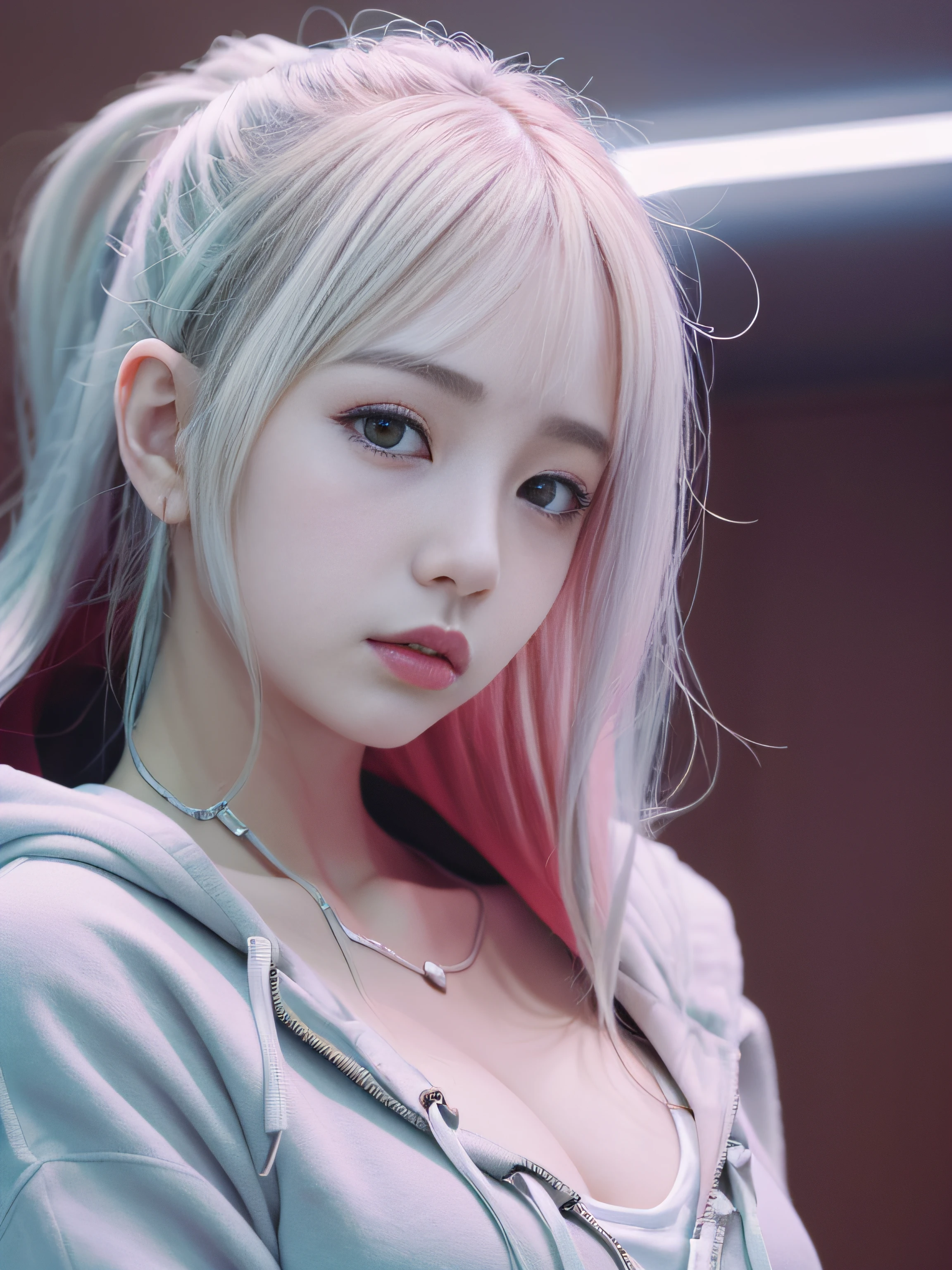 top-quality、​masterpiece、超A high resolution、(Photorealsitic:1.4)、Raw photo、Detailed CG image quality、cyberpunked、Beautiful fece、1girl in、Future hair ornament、(White hoodie:1.3)、Colorful body paint、cleavage of the breast、(Hard erection:1.4)、( looking upwards:1.4)、detailed portrait、8K picture quality、bright colour、concept-art、Cinematic and dramatic atmosphere、foco nítido、Volumetric lighting、Cinematographic lighting、Wearing studio quality、Colorful neon lighting、depth of fields、Ambient lighting、Blurred foreground、blurry backround:1.3、