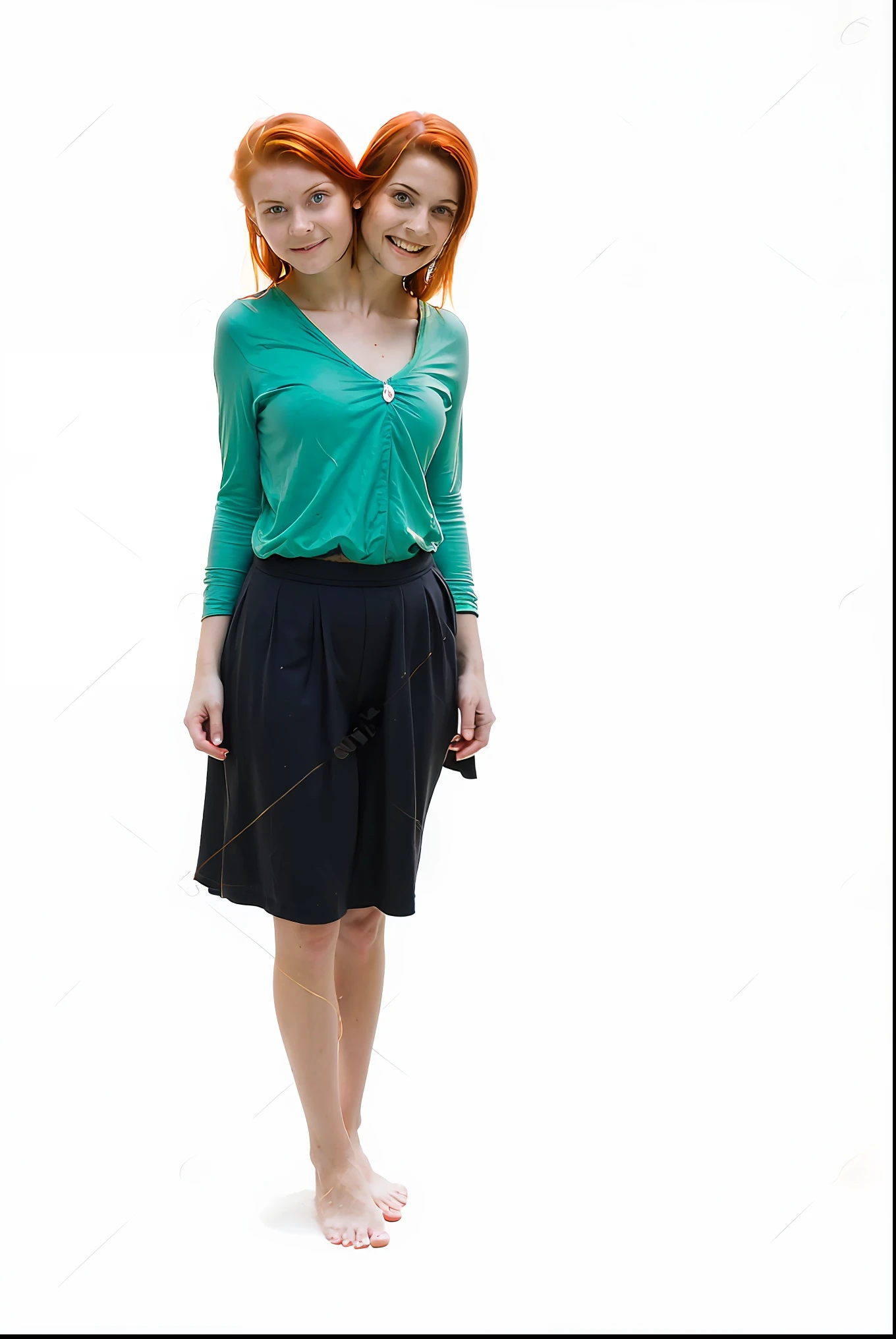 2heads, two headed girl, (14 year old girl:1.5), (female:1.5), (two heads attached to one body:1.4), (redhead:1.4), conjoined twins, heads side by side, one torso, young, uncomfortable, barefoot