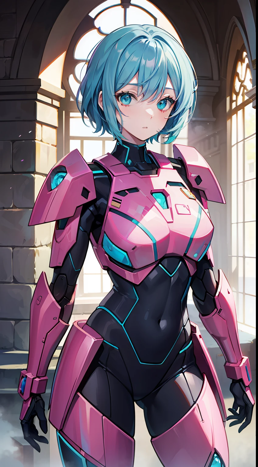 Adult woman, Short blue hair, Cyan eyes, Autobot's pink armor, arch, Masterpiece, hiquality
