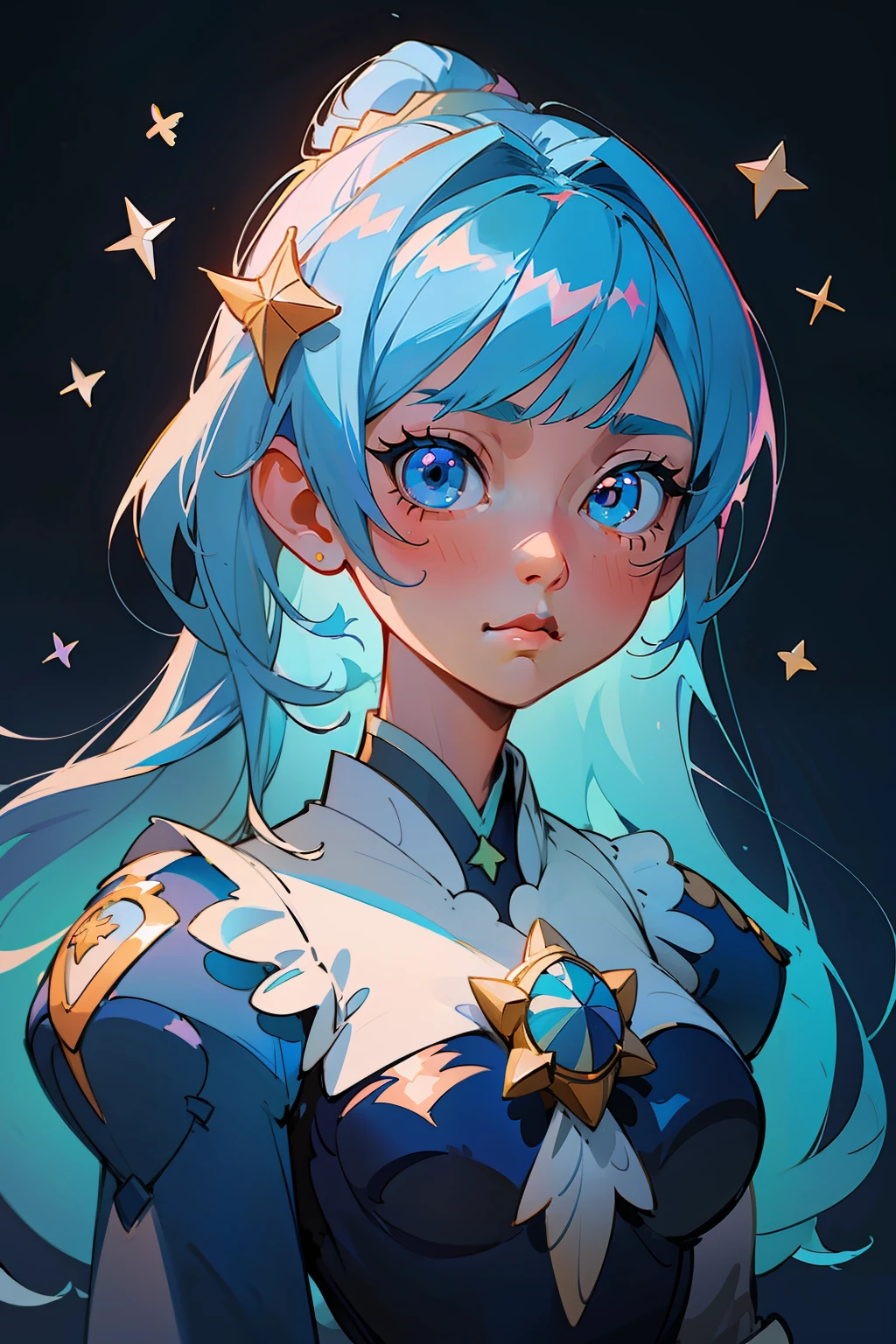 anime girl with blue hair and a white dress with a star in her hair, portrait knights of zodiac girl, detailed digital anime art, rossdraws portrait, anime fantasy illustration, fantasy art style, fanart best artstation, beautiful anime portrait, artgerm. anime illustration, ross tran 8 k, anime art wallpaper 8 k, anime art wallpaper 4 k