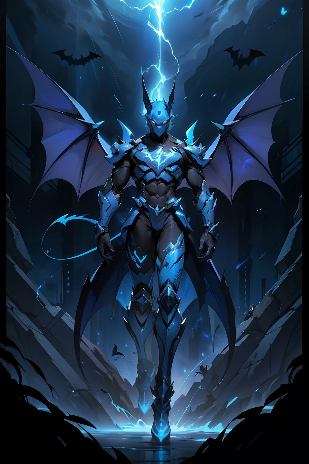 Blue mech,The appearance is characterized by three taps、Two tail、There is a pair of huge bat wings on the back、No forelimbs, Only hind limbs and legs,The whole body is covered in blue armor(It has a golden sheen),The mouth emits a gravitational beam similar to lightning。