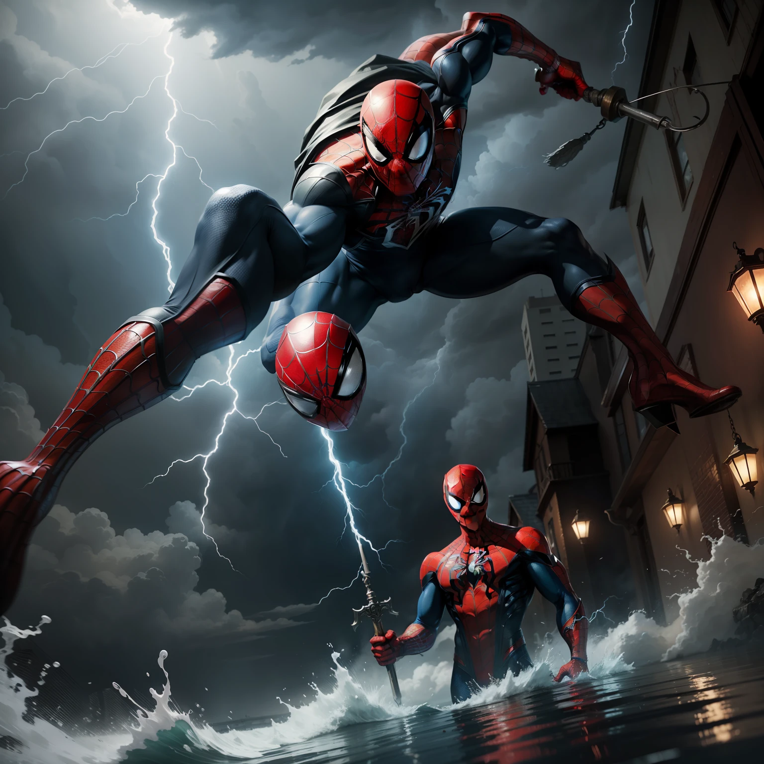 Spider-Man with red eyes and a hammer in his hand and more clouds roar in the water and lightning shines from the hammer that looks very real