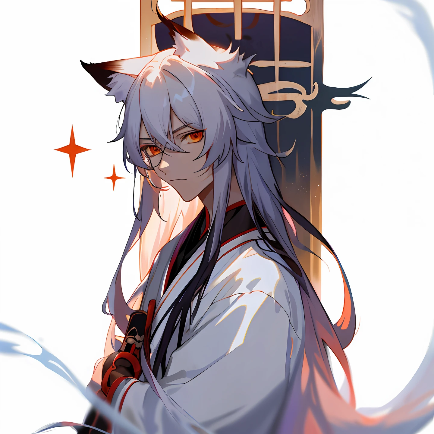 Anime girl with long hair and cat ears holding scissors, heise jinyao, white fox anime, White fox ears, flowing hair and long robes, bian lian, Keqing from Genshin Impact, anime tribal boy with long hair, Inspired by Bian Shoumin, anime figure, handsome guy in demon killer art, zhongli from genshin impact