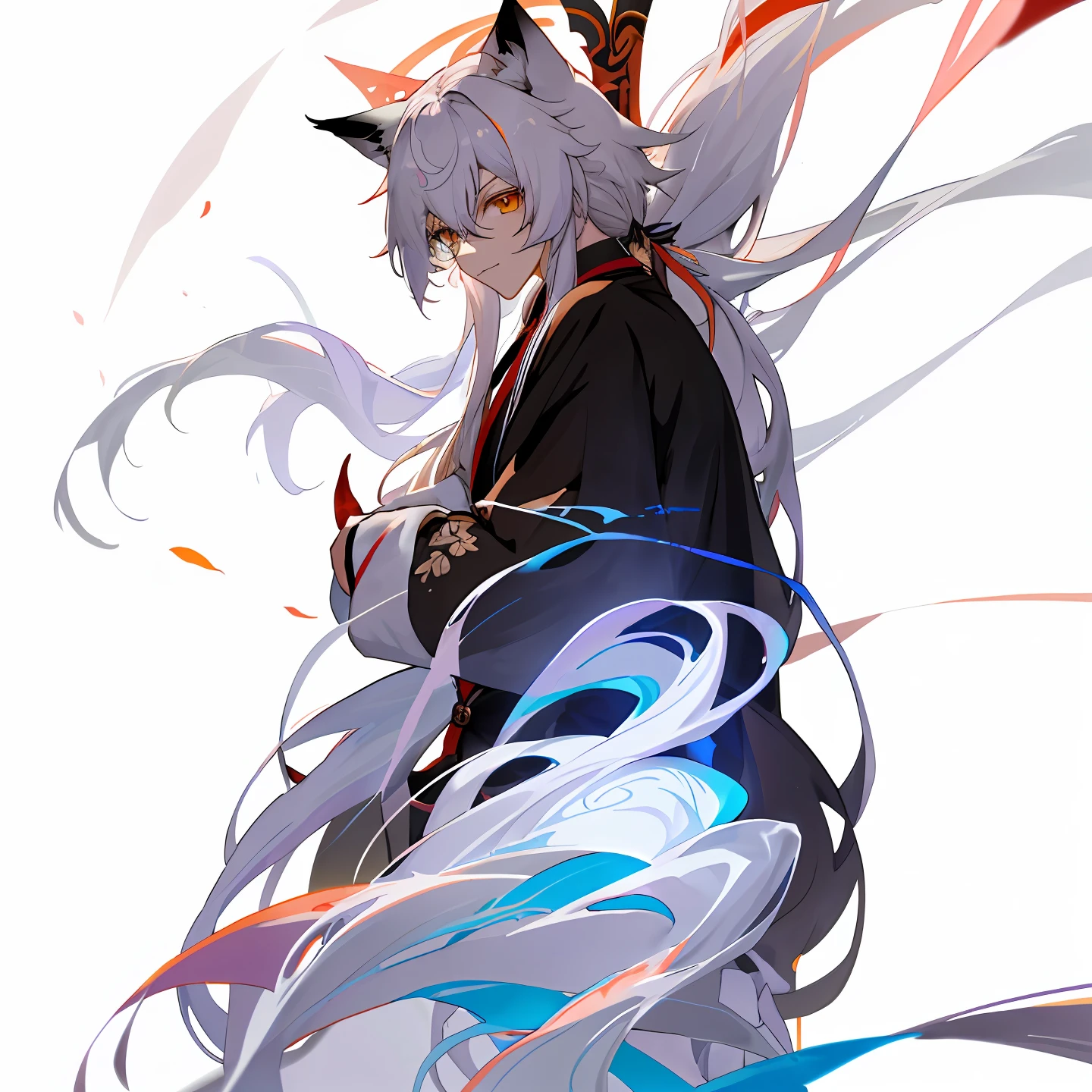 Anime girl with long hair and cat ears holding scissors, heise jinyao, white fox anime, White fox ears, flowing hair and long robes, bian lian, Keqing from Genshin Impact, anime tribal boy with long hair, Inspired by Bian Shoumin, anime figure, handsome guy in demon killer art, zhongli from genshin impact